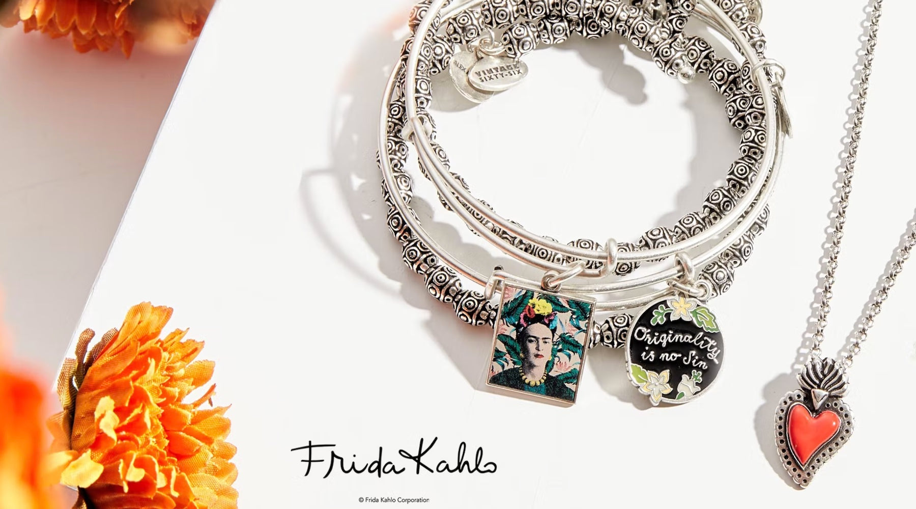 Frida Kahlo portrait bracelet stack and necklace