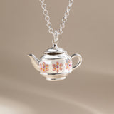 Floral Teapot Locket Pendant Necklace