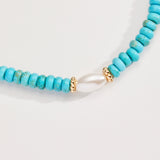 Genuine Turquoise Stone and Pearl Glass Stretch Bracelet
