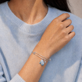 A close-up of a person wearing a delicate silver wire charm bracelet with a small blue sea otter charm, paired with a light blue knit sweater.