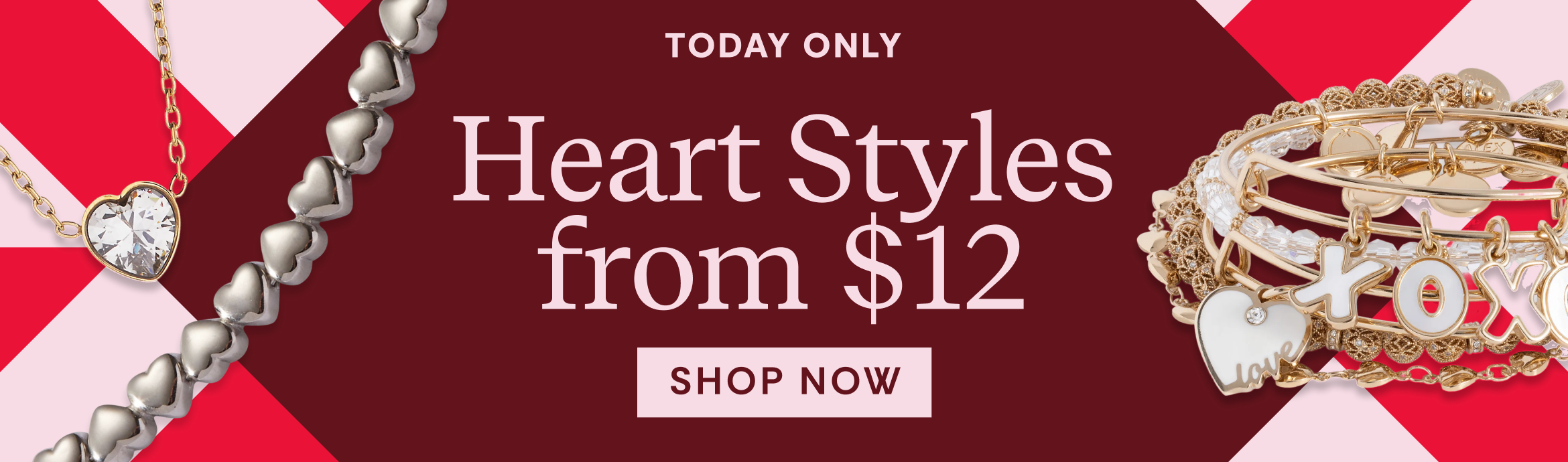 Promotional banner for heart-shaped jewelry with a red and white background