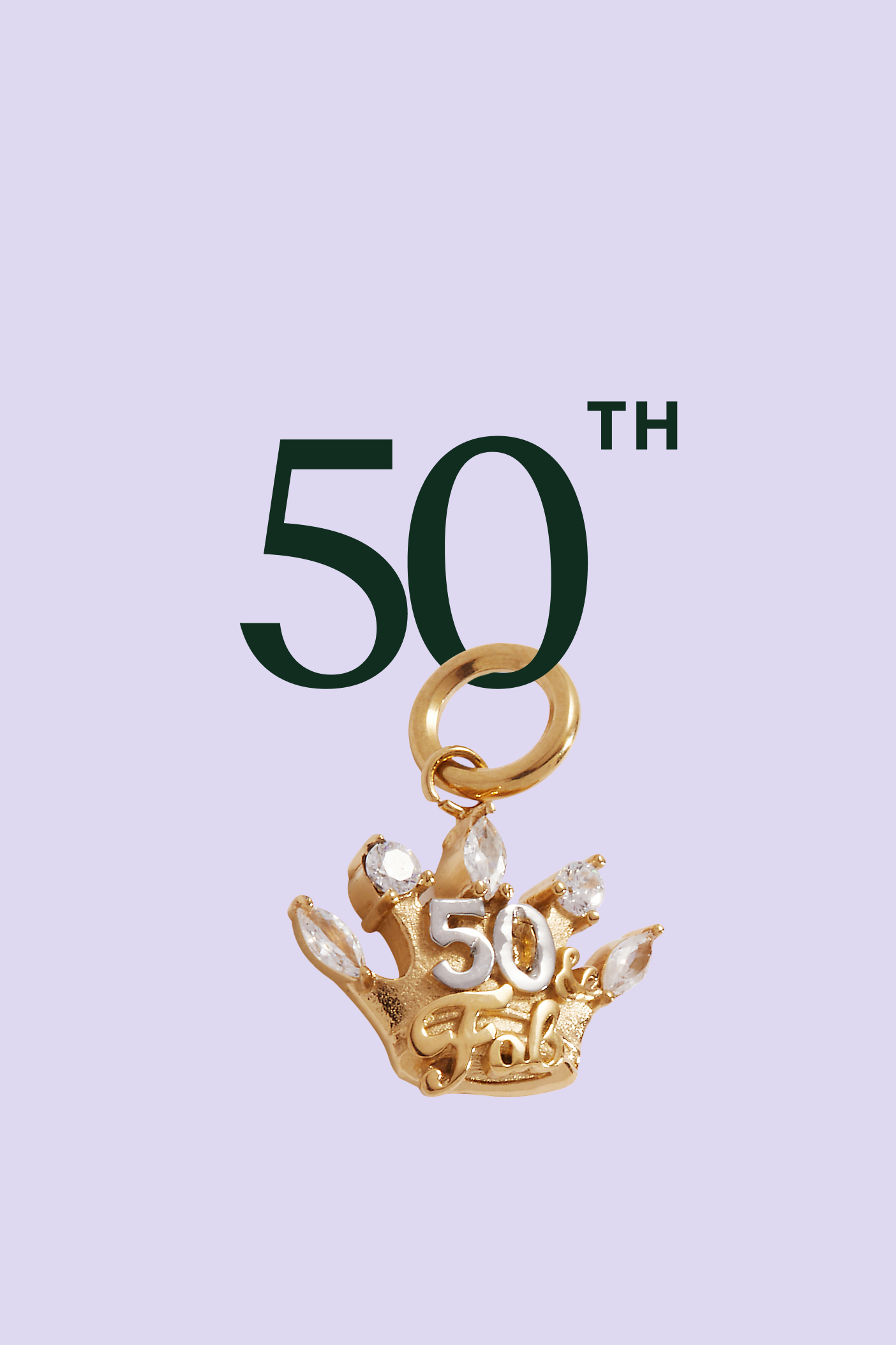 Gold charm with '50' on a light purple background