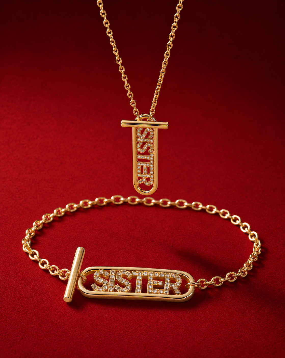 Sister set on crimson red