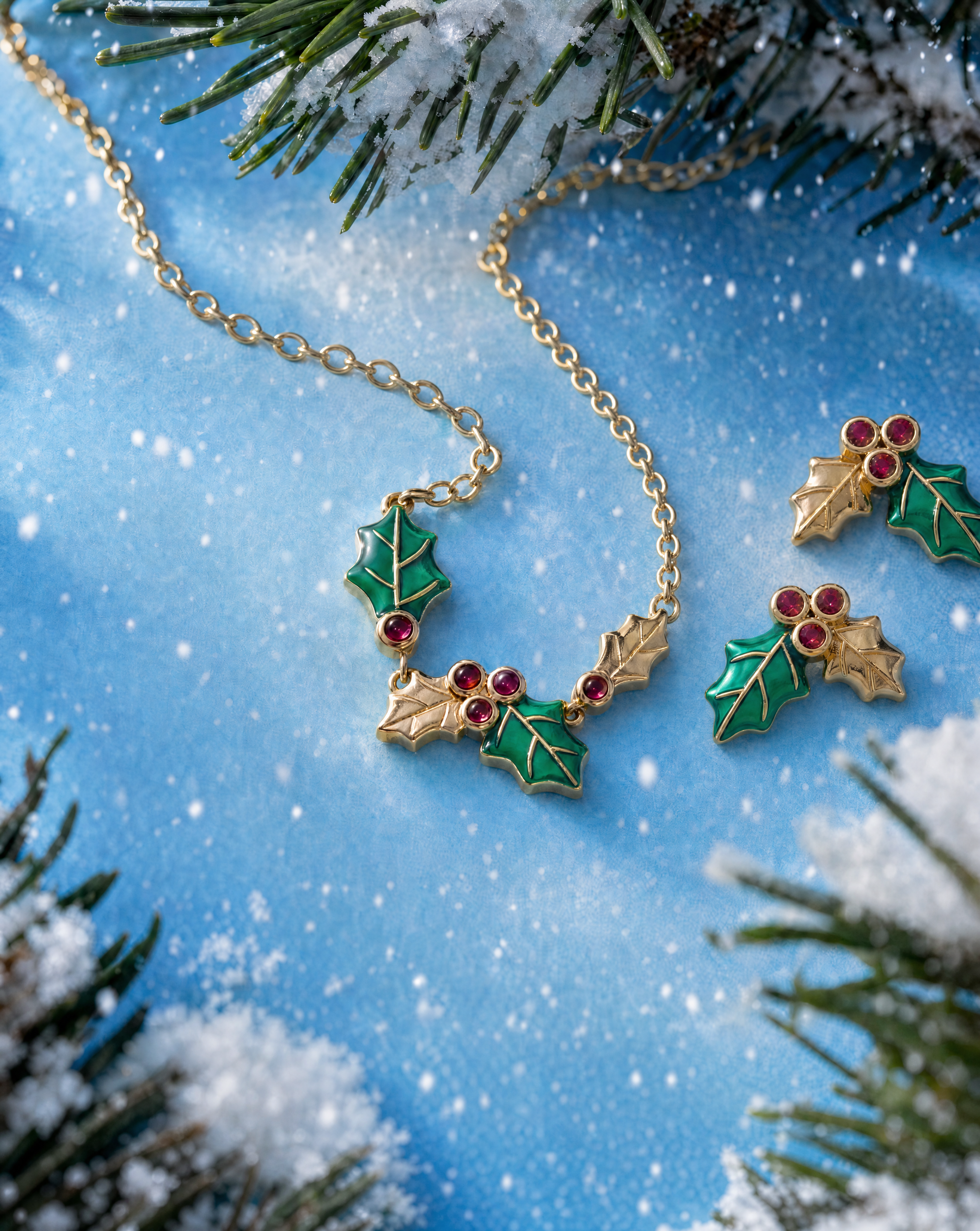 A necklace and a pair of matching gold-tone holly leaf stud earrings with vibrant green enamel leaves and three small round pink gemstones at the top, set against a snowy background with branches
