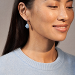 A close-up of a woman wearing a small light blue hamsa hand dangle earring with a silver hook, paired with a light blue knit sweater against a neutral gray background.