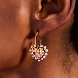 Puffy Heart Gemstone And Pearl Charm Hoop Earrings