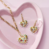 Puffy Heart Gemstone And Pearl Charm Hoop Earrings