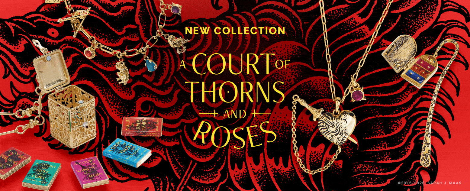 A Court of Thorns and Roses promotional banner with necklaces and bookmark