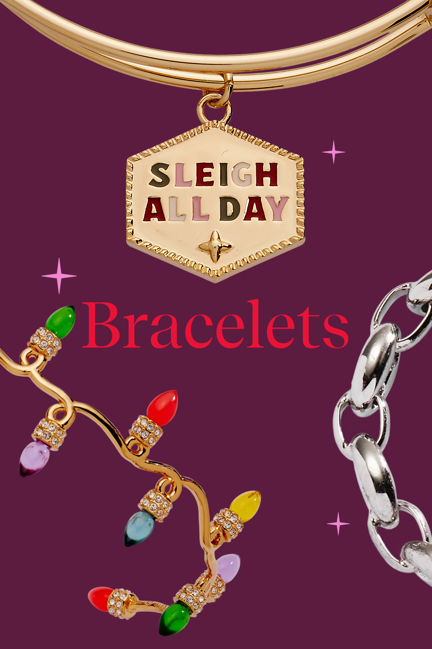 Bracelets with 'Sleigh All Day' charm on a purple background