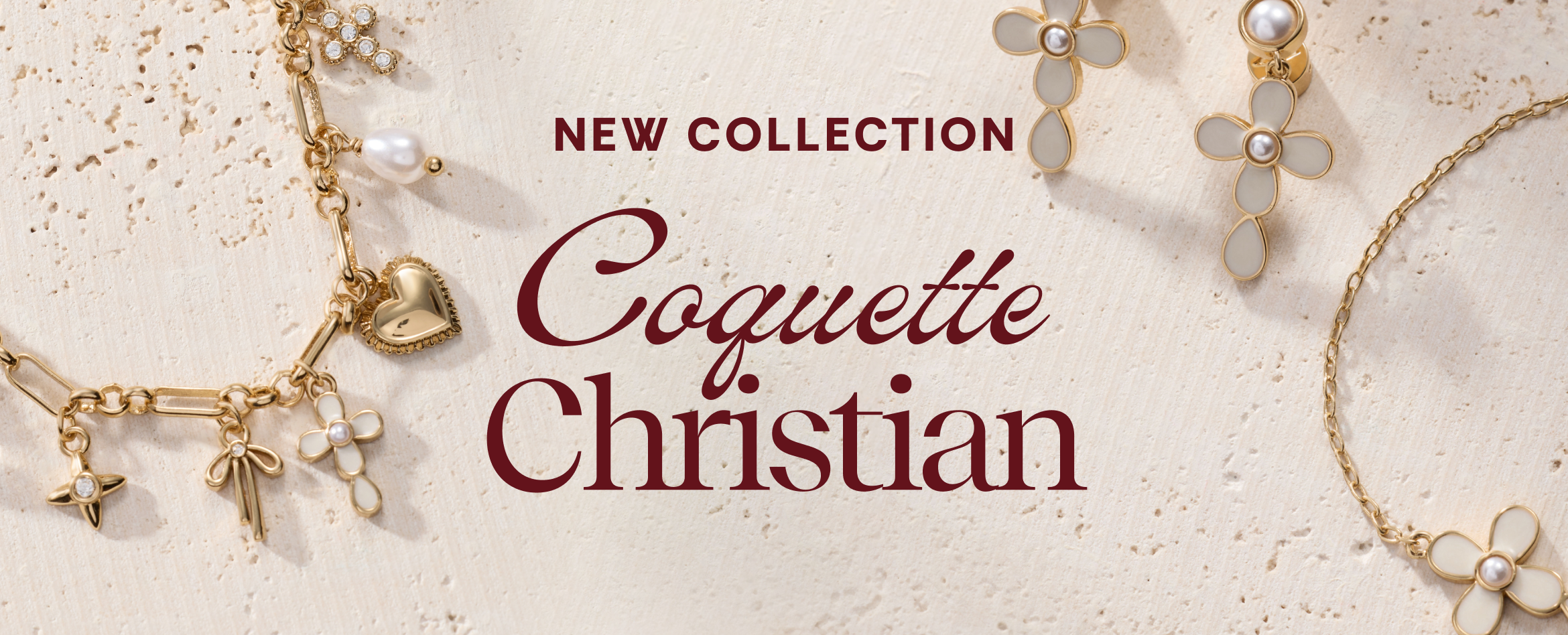 Jewelry collection with 'Coquette Christian' branding on a textured background