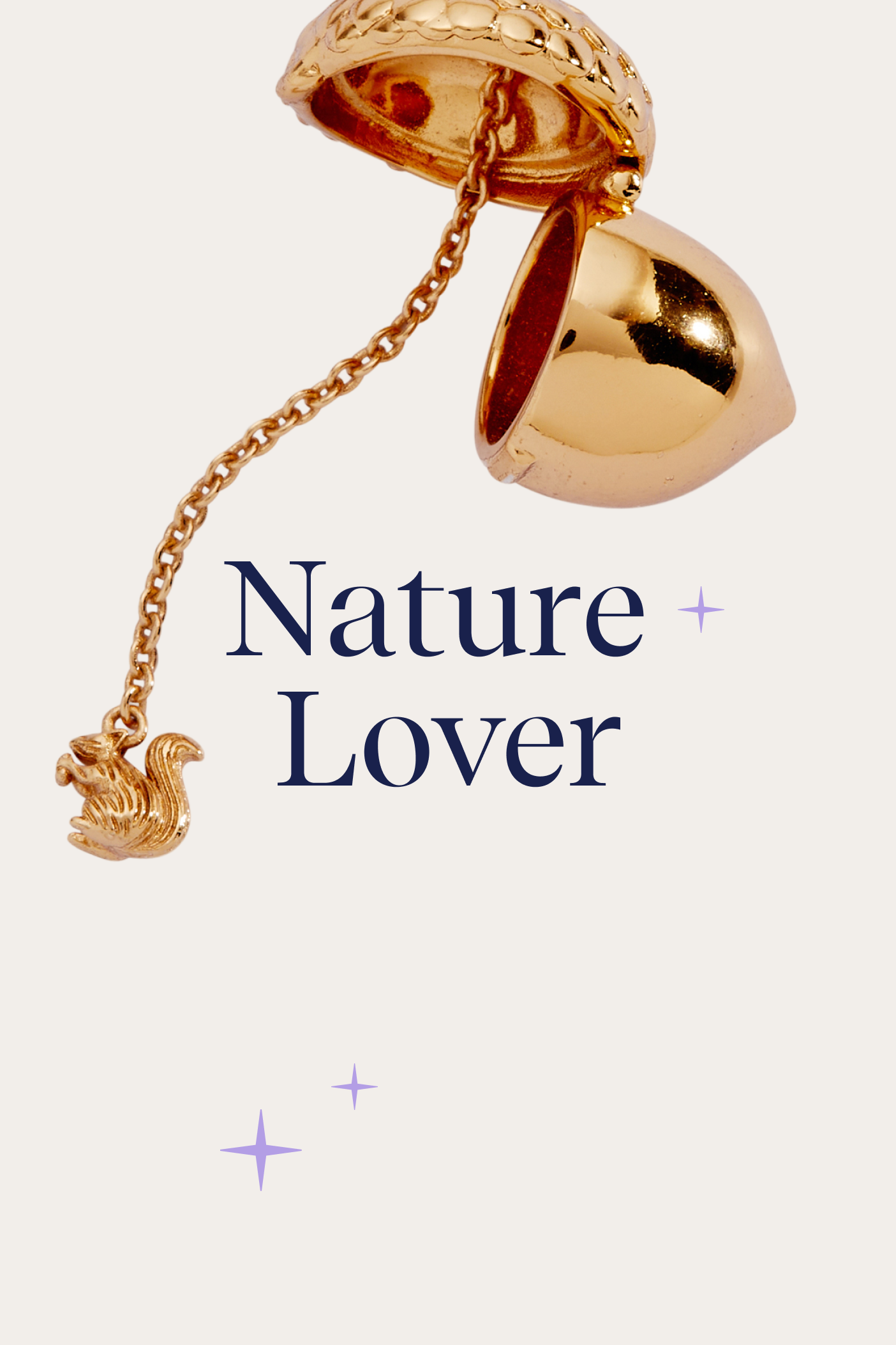 Gold pendant with a chain and squirrel charm on a light background with 'Nature Lover' text.