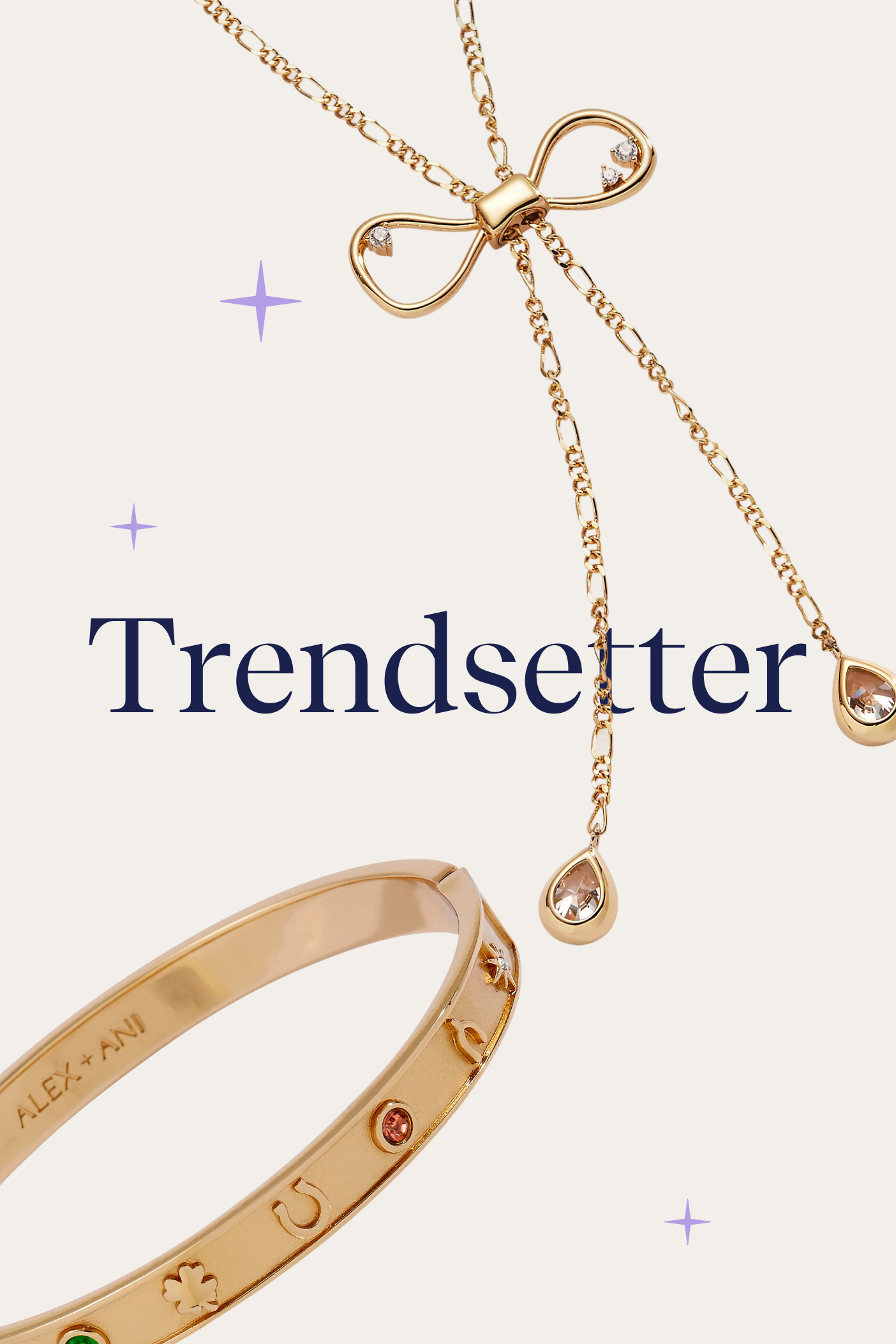 Gold bow necklace and bracelet with 'Trendsetter' text on a light pink background