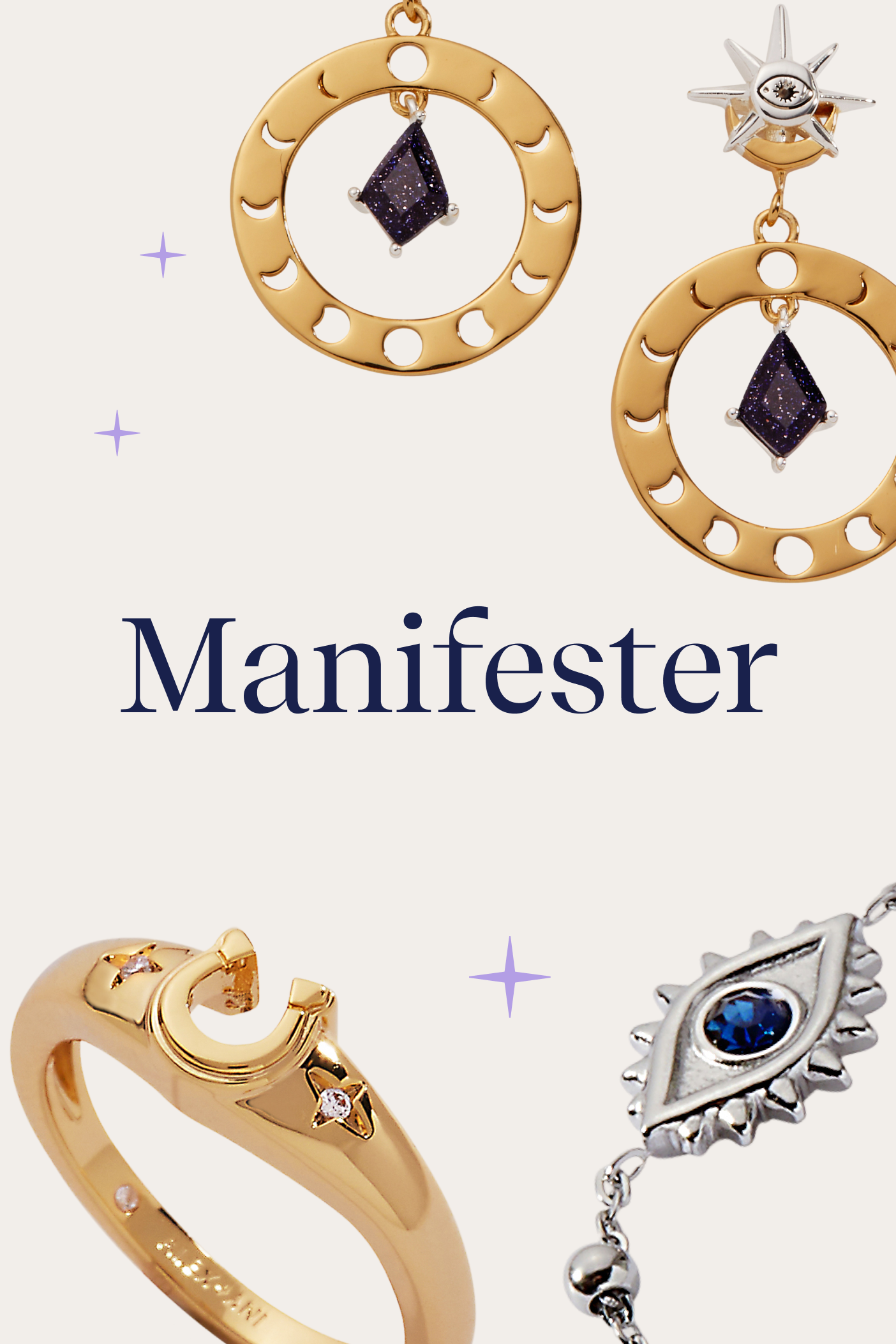 Jewelry set with gold and silver rings and earrings featuring purple and blue stones, branded 'Manifester'.