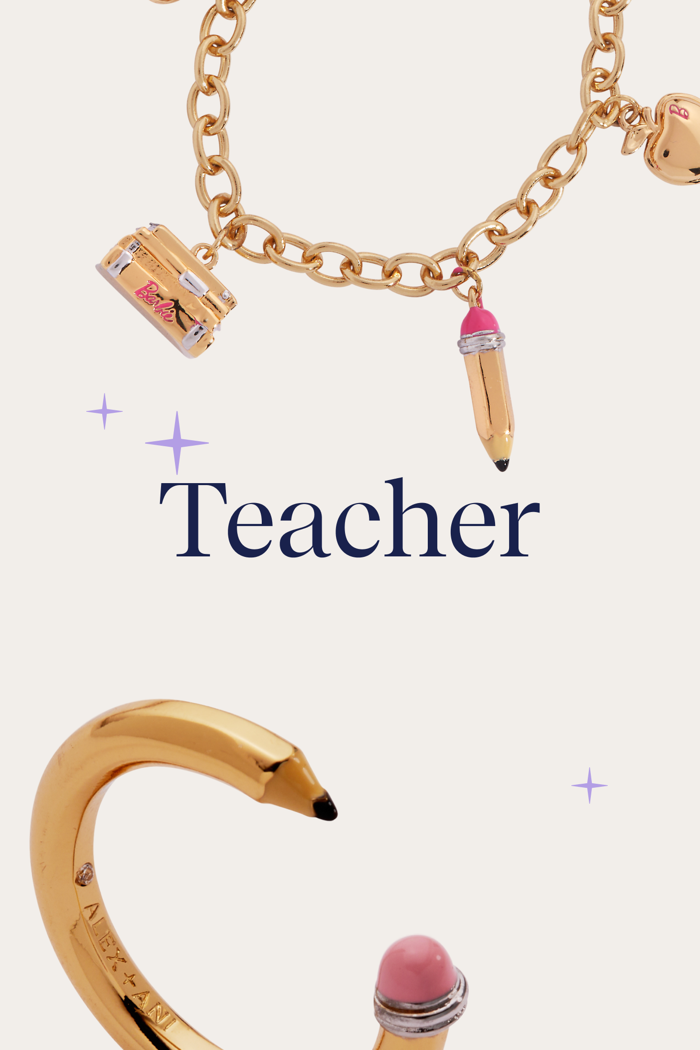 Gold bracelet with teacher-themed charms on a light background
