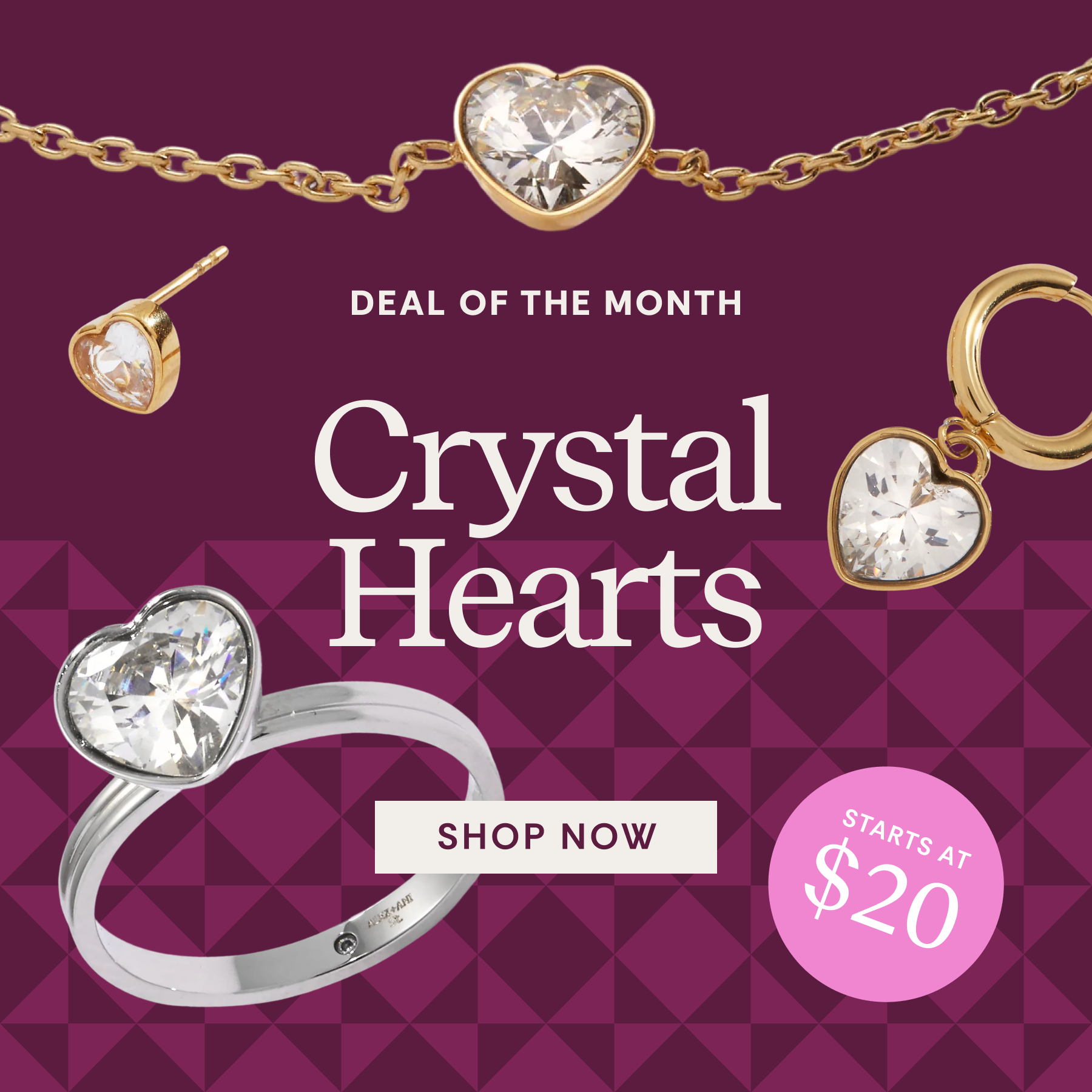 Jewelry set with crystal hearts on a purple background, including necklace, earrings, and ring.
