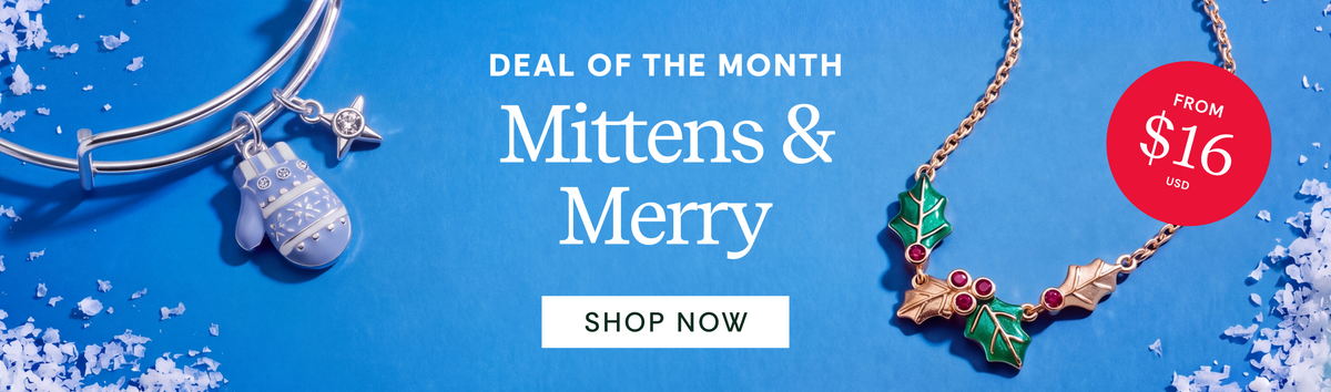 Deal of the Month: Mittens & Merry, from $16 USD. Silver bangle with a lavender mitten charm and crystal star charm next to a gold-tone holly necklace with green enamel leaves and red crystal berries, on a snowy blue background.