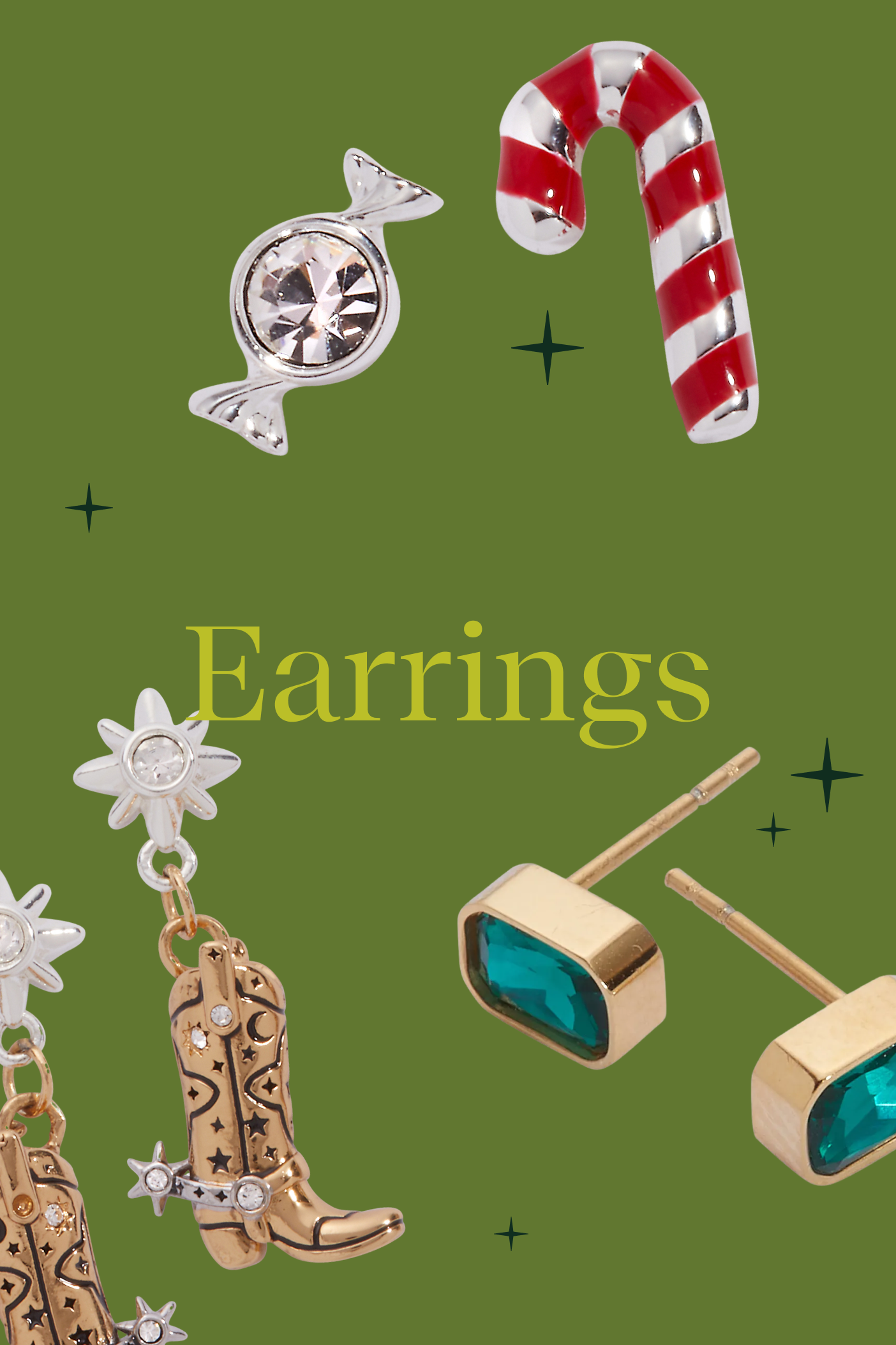 Collection of earrings on a green background with 'Earrings' text.