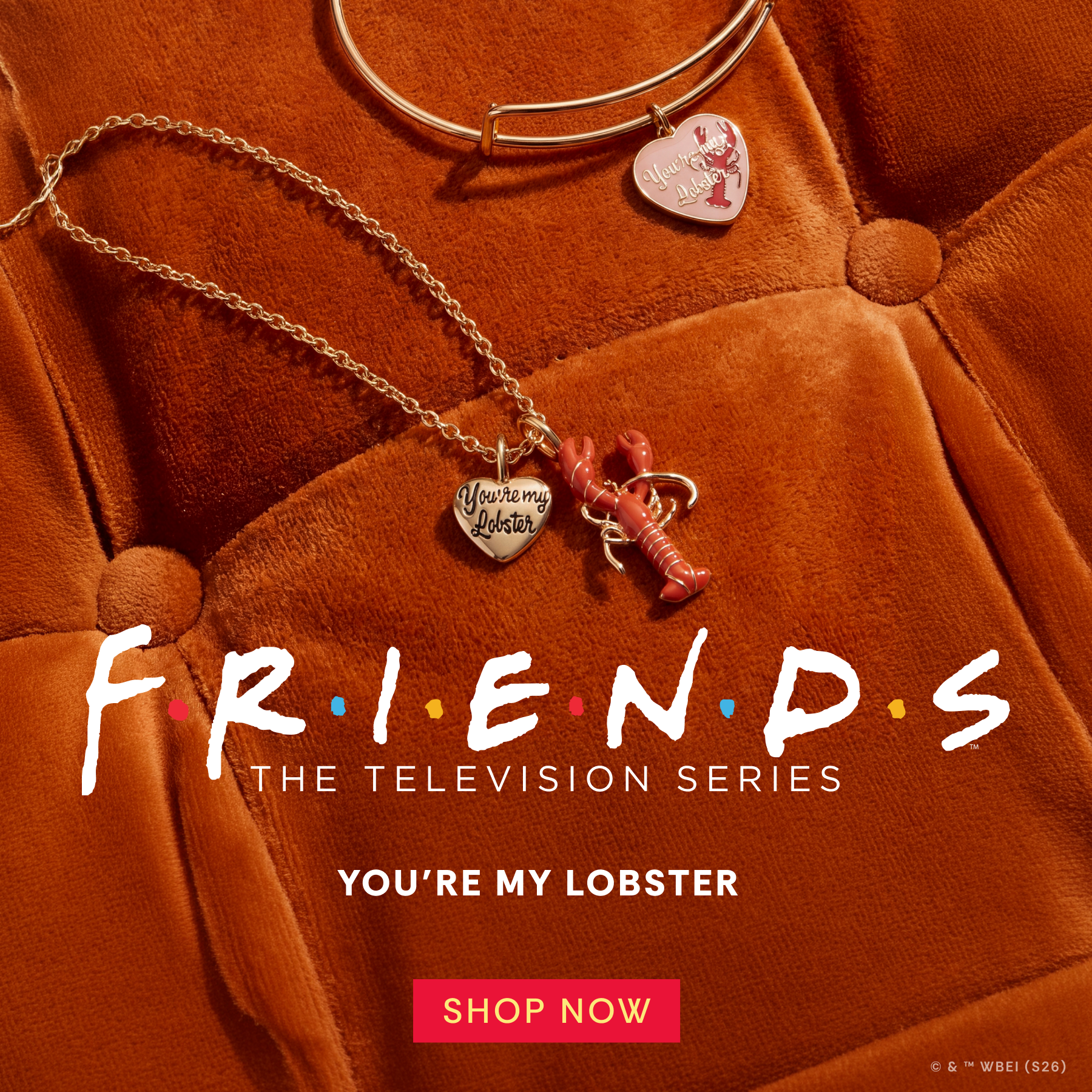 A promotional banner for 'Friends: The Television Series' featuring the text 'FRIENDS' in white distressed lettering, 'YOU'RE MY LOBSTER' below it, and several lobster-themed charms on a warm orange-brown textured background. A pink 'SHOP NOW' button is visible in the bottom right corner.