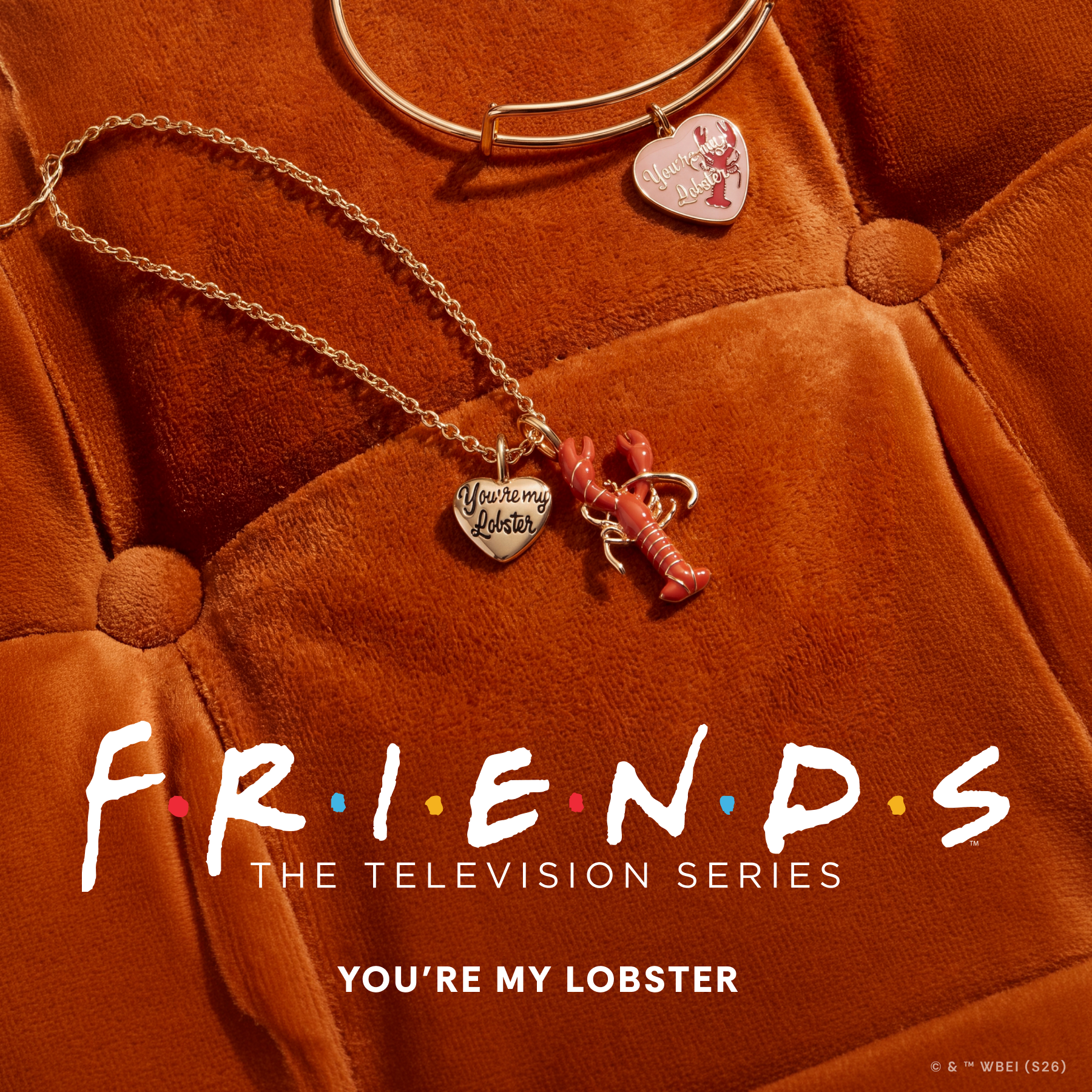 A promotional banner for 'Friends: The Television Series' featuring the text 'FRIENDS' in white distressed lettering, 'YOU'RE MY LOBSTER' below it, and several lobster-themed charms on a warm orange-brown textured background. A pink 'SHOP NOW' button is visible in the bottom right corner.