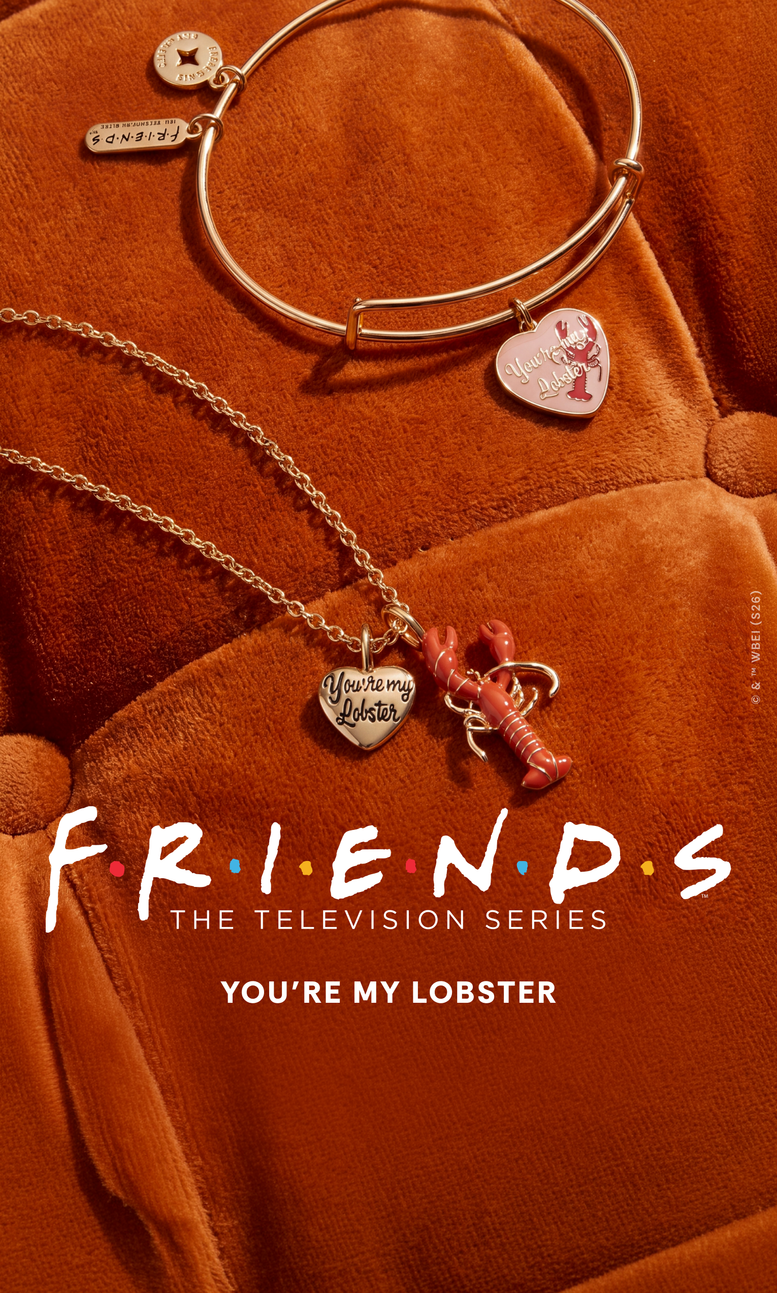 A promotional banner for 'Friends: The Television Series' featuring the text 'FRIENDS' in white distressed lettering, 'YOU'RE MY LOBSTER' below it, and several lobster-themed charms on a warm orange-brown textured background. A pink 'SHOP NOW' button is visible in the bottom right corner.
