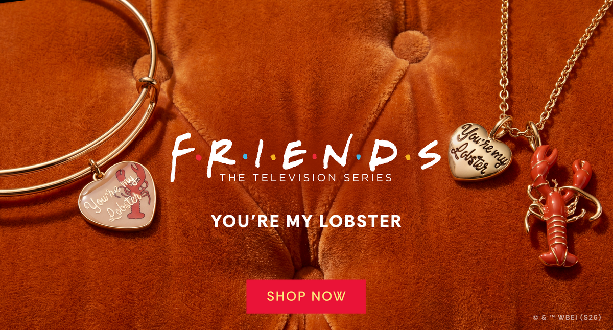 A promotional banner for 'Friends: The Television Series' featuring the text 'FRIENDS' in white distressed lettering, 'YOU'RE MY LOBSTER' below it, and several lobster-themed charms on a warm orange-brown textured background. A pink 'SHOP NOW' button is visible in the bottom right corner.
