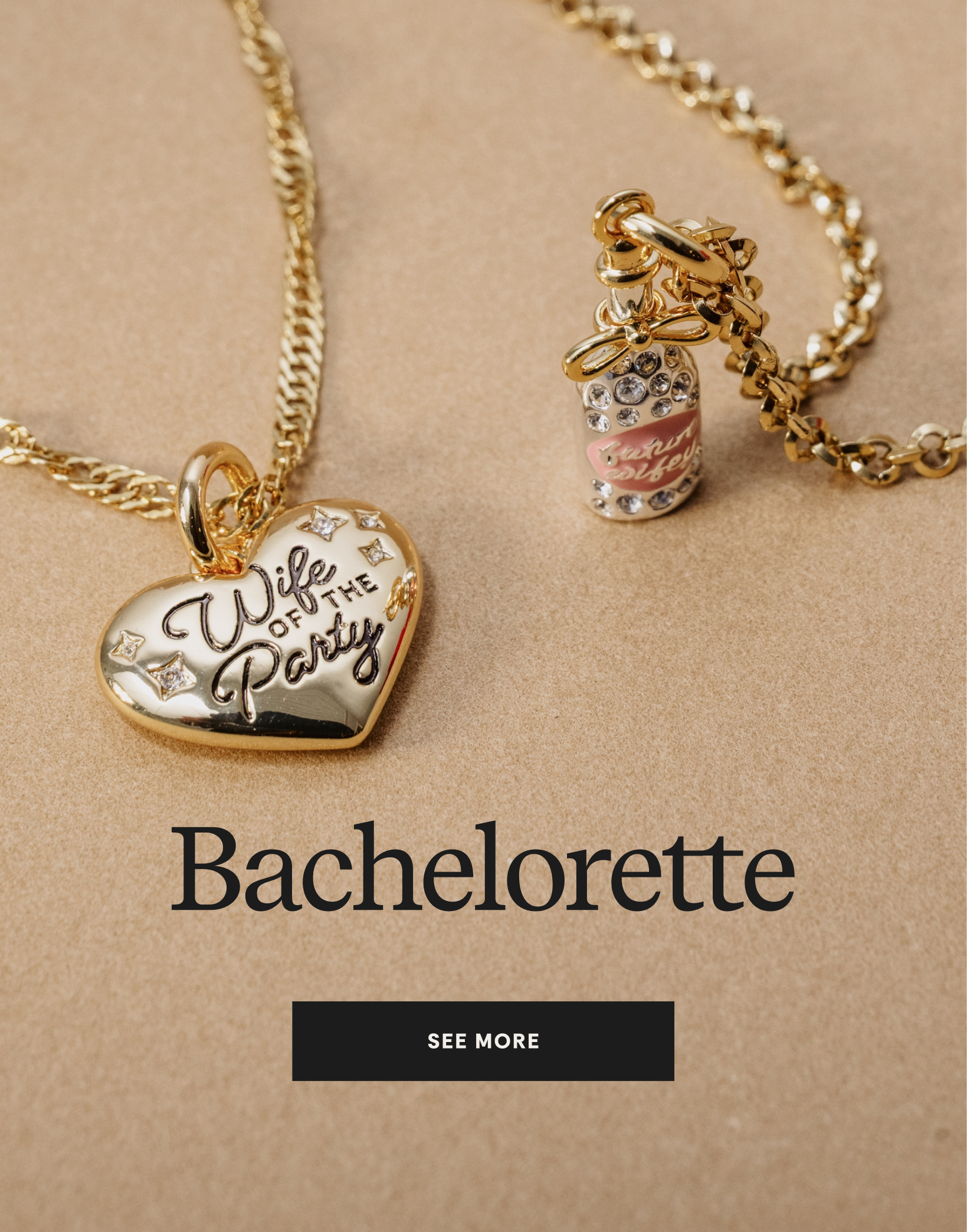 Gold necklace with heart-shaped 'Wife of the Party' charm on a beige background
