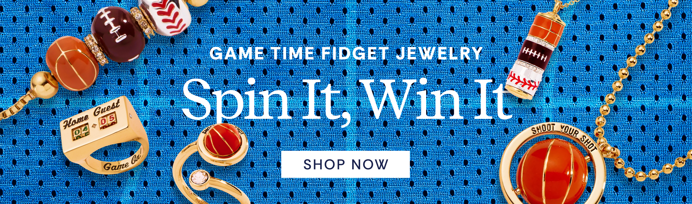Game time fidget jewelry with various designs on a blue background