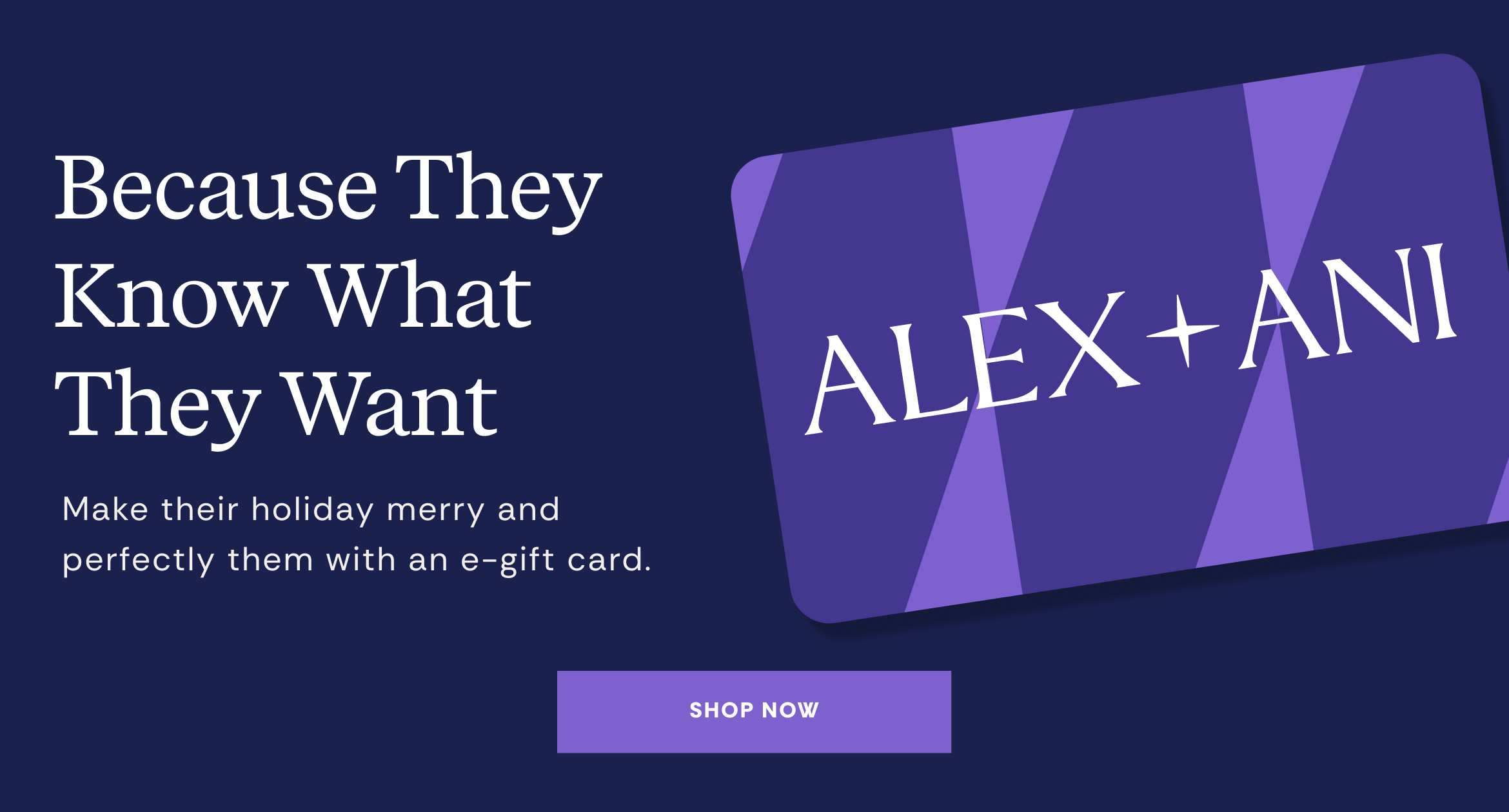 Red gift card with 'ALEX + ANI' branding on a dark red background with promotional text.