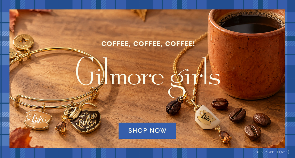 A coffee-themed jewelry banner with charms and necklaces on a wooden surface, featuring the text 'COFFEE, COFFEE, COFFEE!', 'Gilmore girls', and a blue 'SHOP NOW' button.