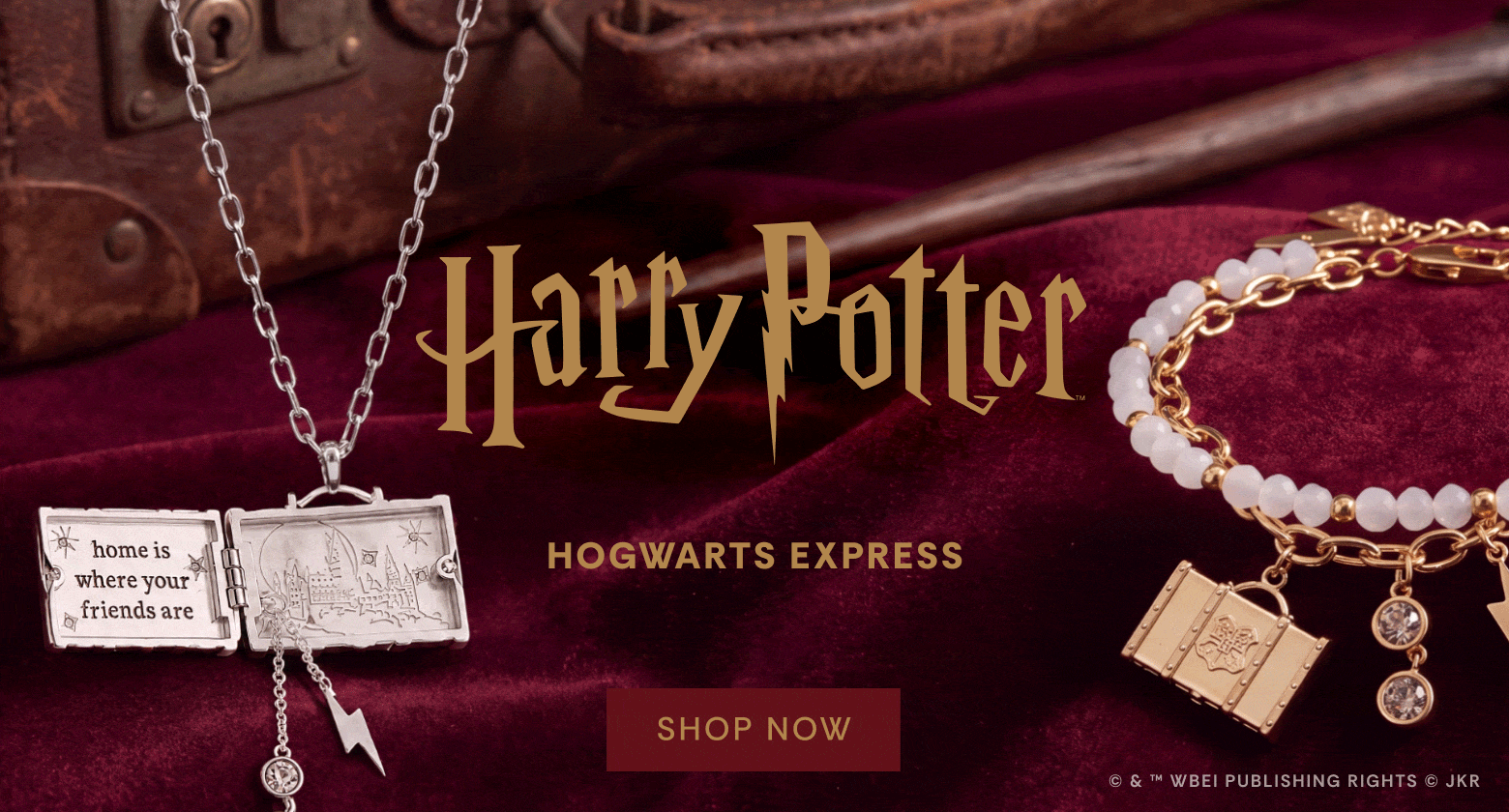 A promotional banner for Harry Potter: The Forbidden Journey featuring a dark red velvet background, the gold and purple Harry Potter logo, and several jewelry items including a silver book charm, a pearl necklace with a gold pendant, and a gold key charm.