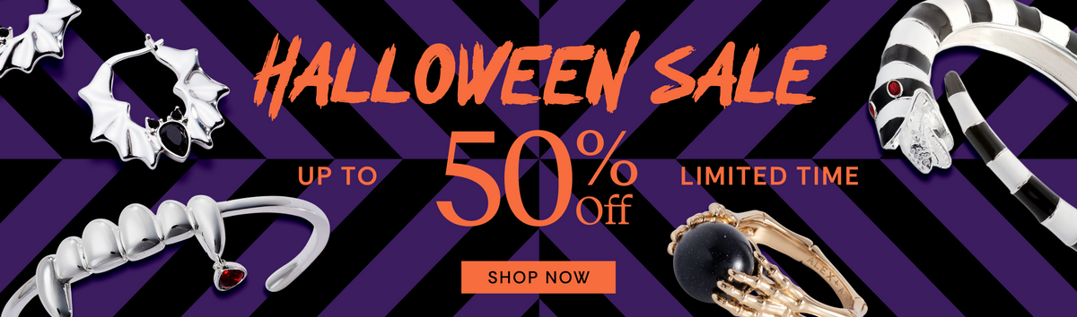 Promotional Halloween sale banner with large orange text reading 'HALLOWEEN SALE' and 'UP TO 50% OFF' on a purple striped background, with sample jewelry products shown around the edges and a 'SHOP NOW' button.