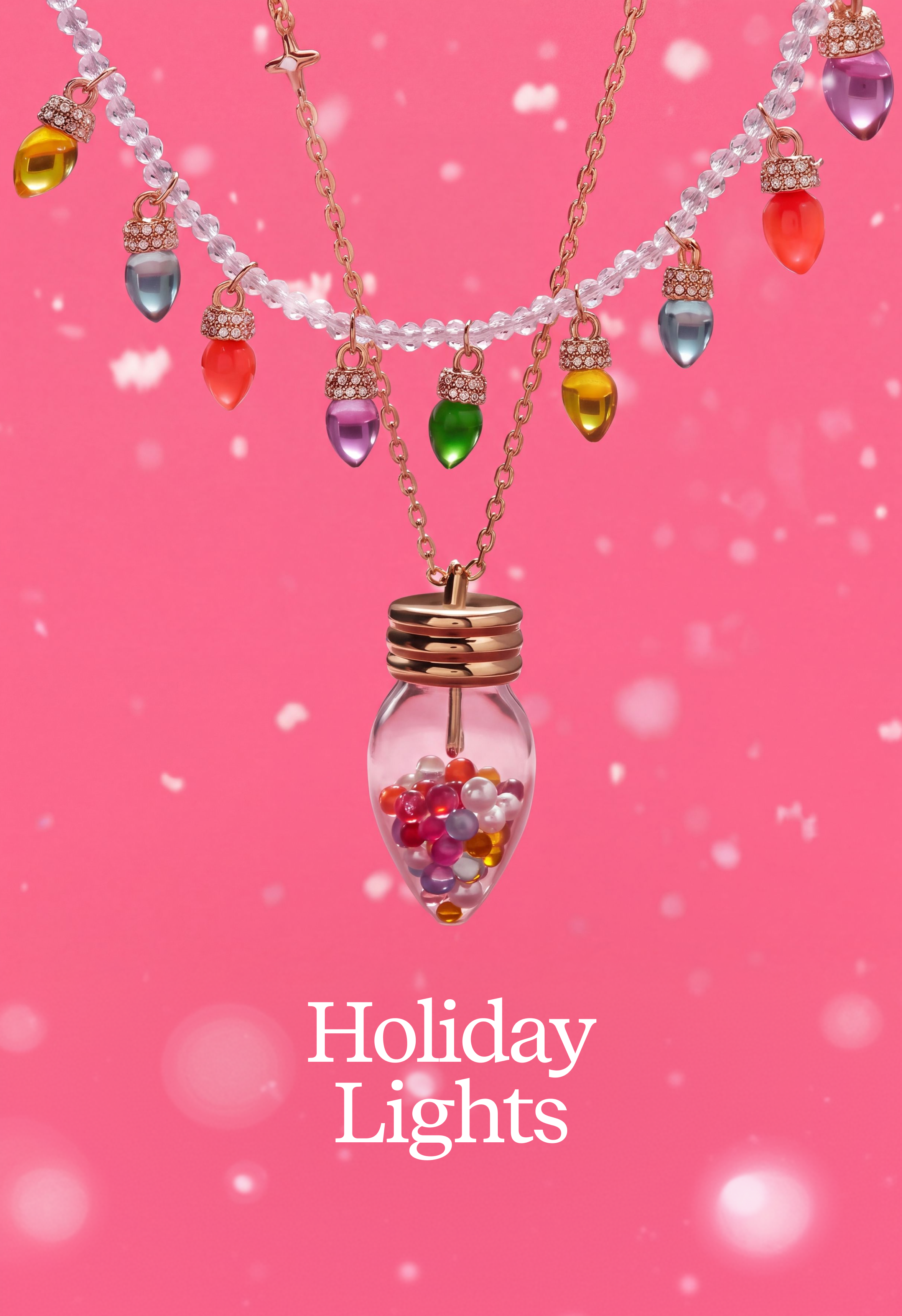 A holiday-themed necklace set featuring a lightbulb pendant filled with colorful beads, accented by hanging lightbulb charms and beaded strands on a pink bokeh background with the text 'Holiday Lights'.