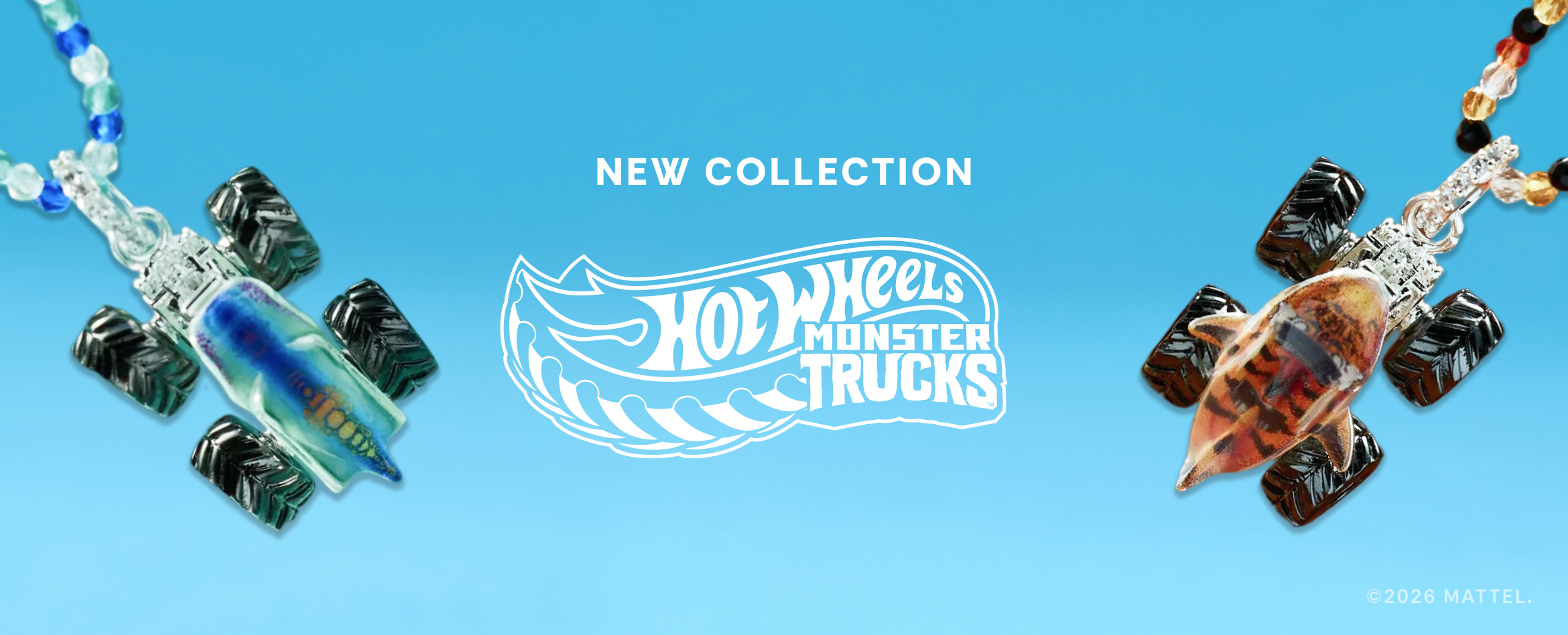 Hot Wheels Monster Trucks toy truck necklaces on a blue background with the Hot Wheels logo.