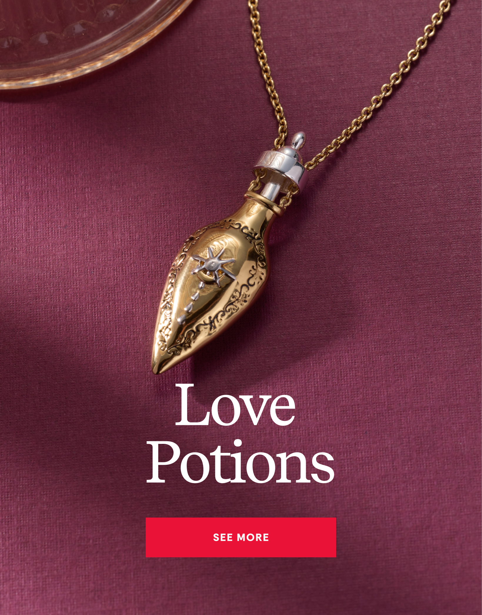 Necklace with a glass bottle pendant labeled 'Love Potions' on a purple background
