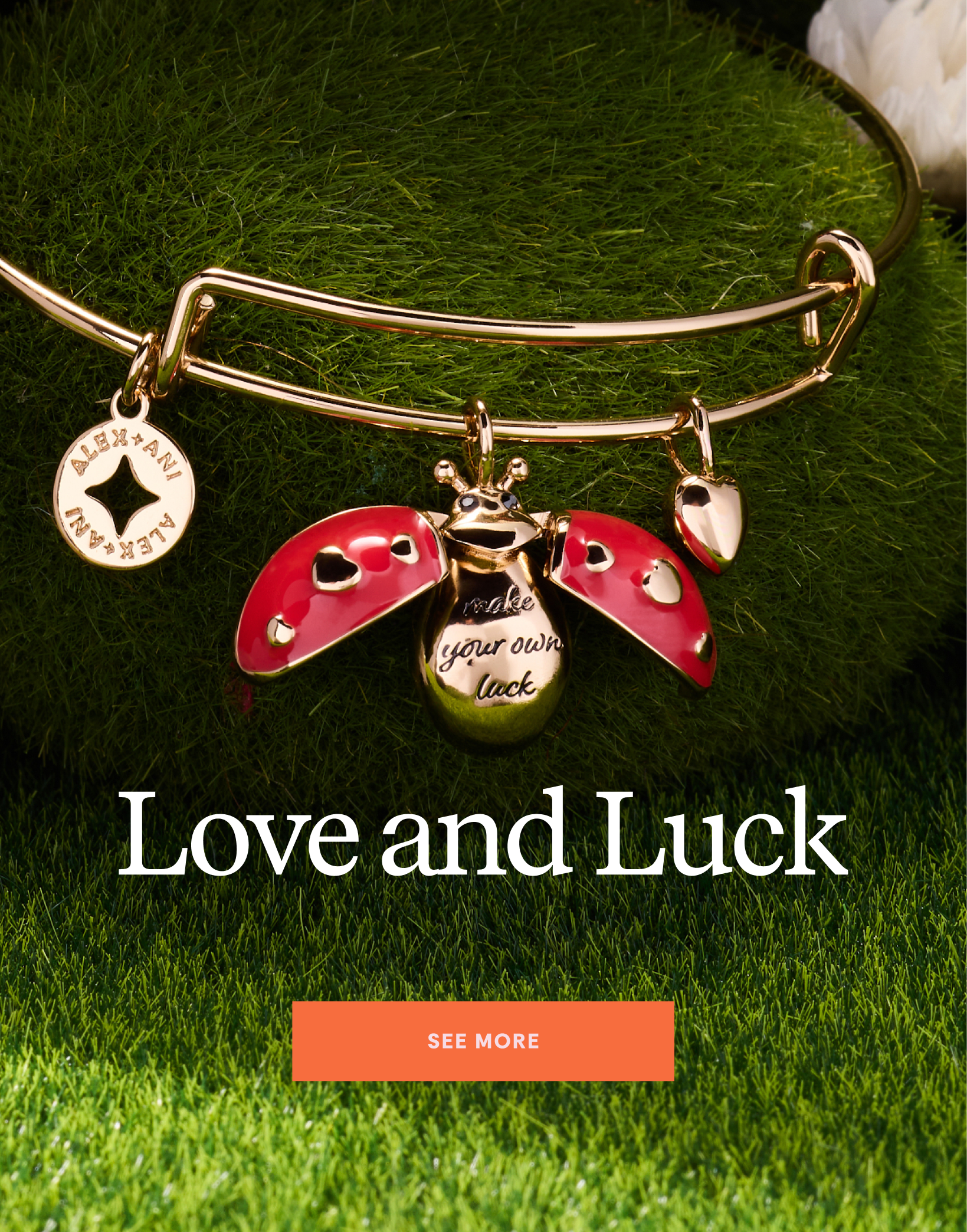 Gold bracelet with charms on a grass background, featuring text 'Love and Luck' and 'SEE MORE'.