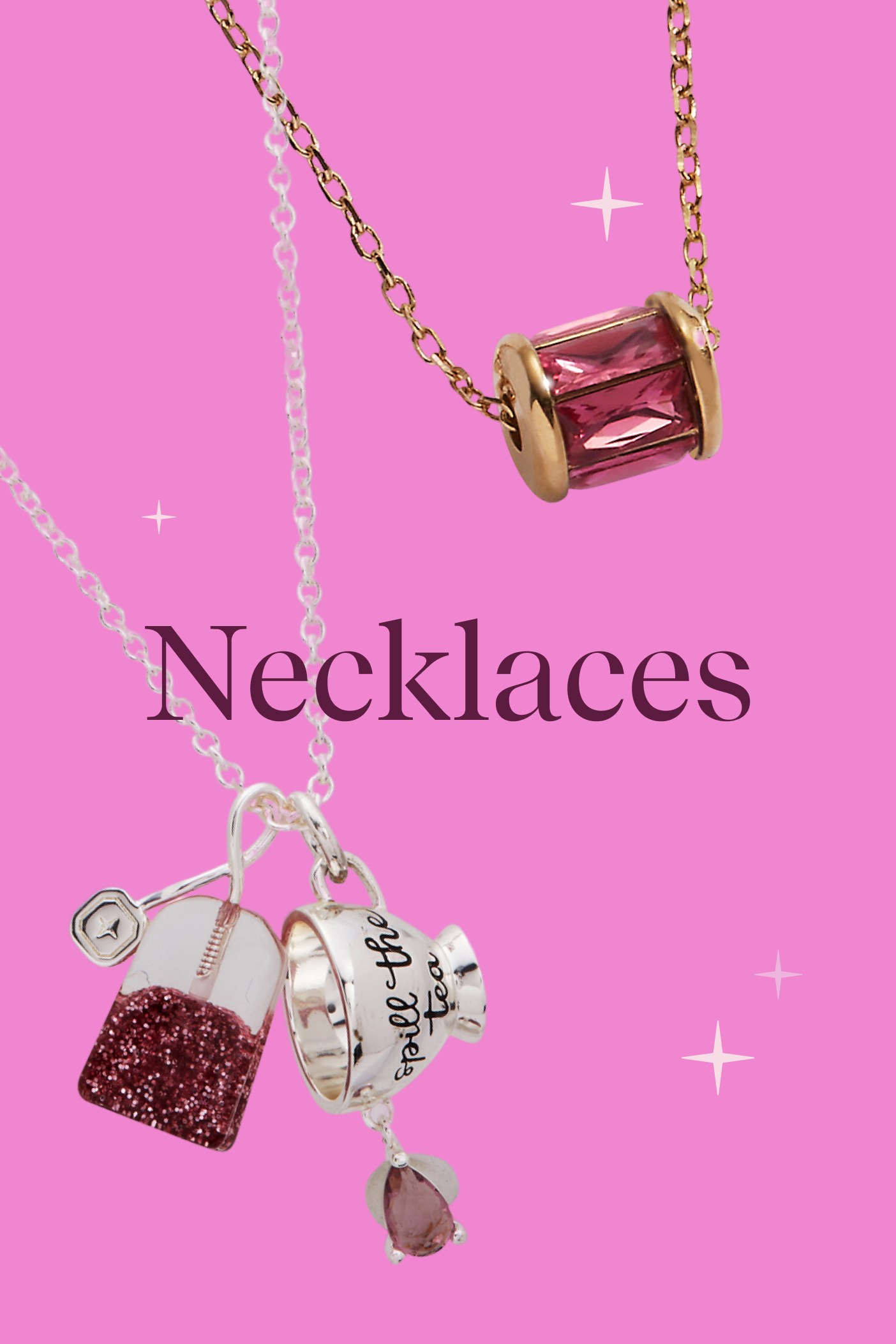 Two necklaces with charms on a pink background, labeled 'Necklaces'.