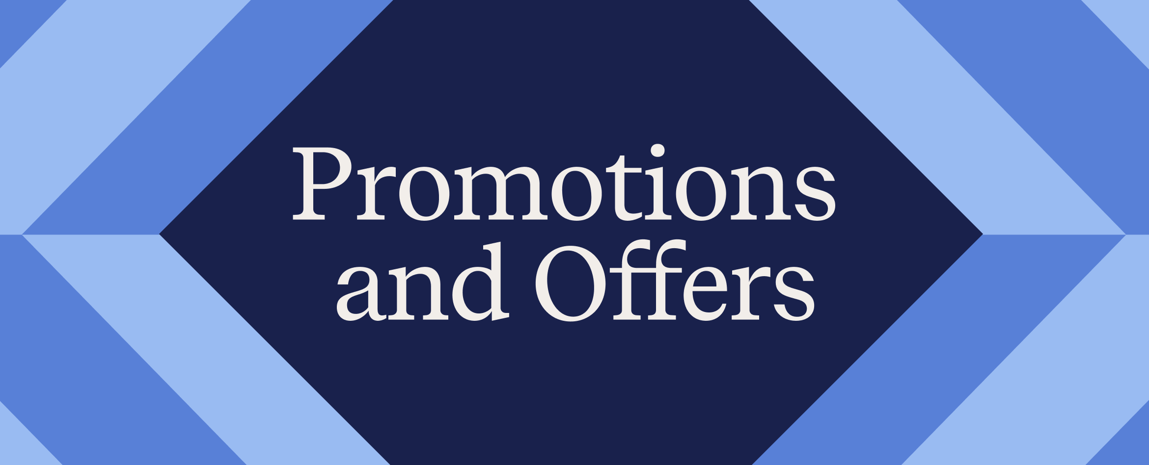 Promotions and Offers text on a blue geometric background