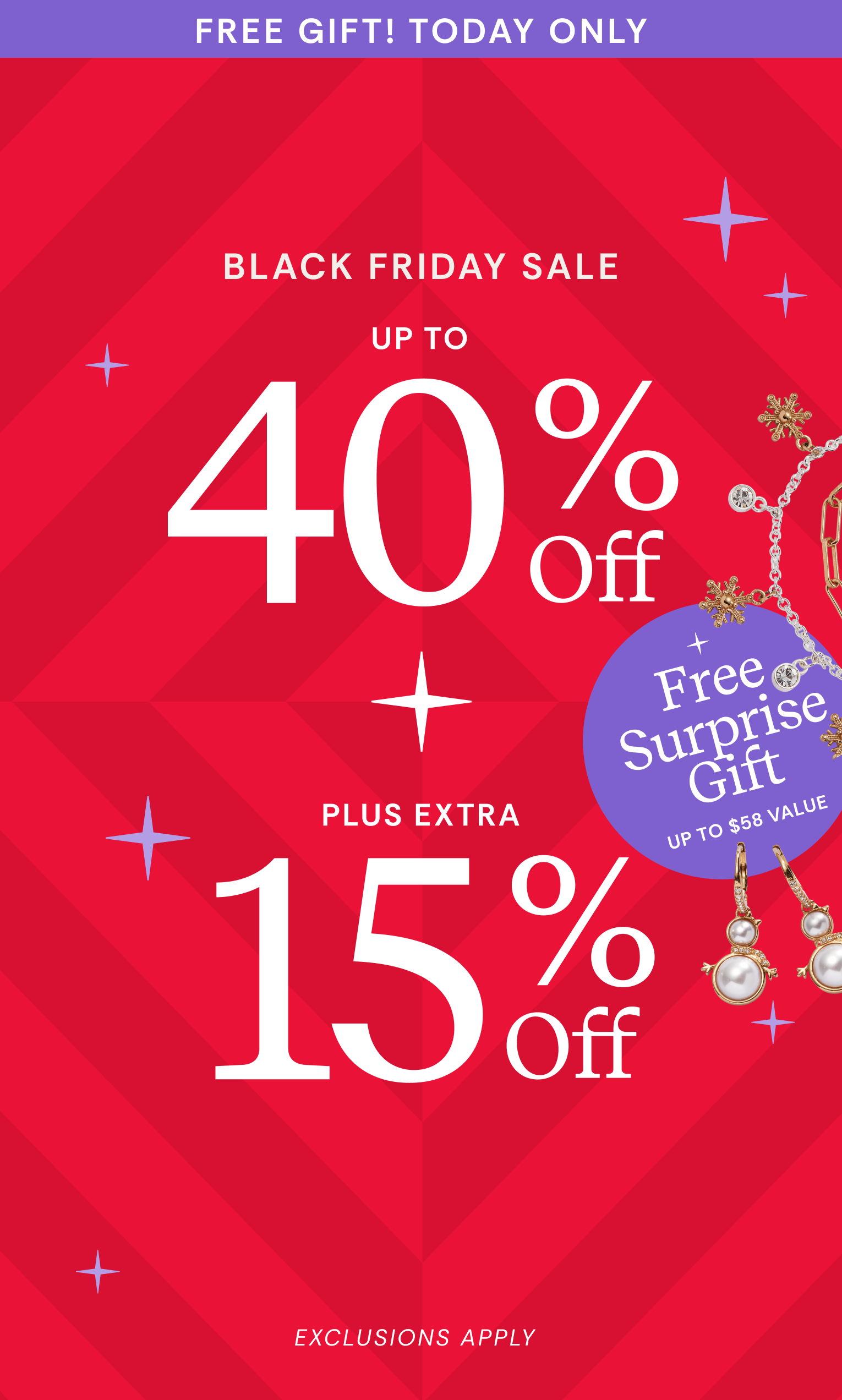 Black Friday sale advertisement with 40% off and free surprise gift offer on a red background.