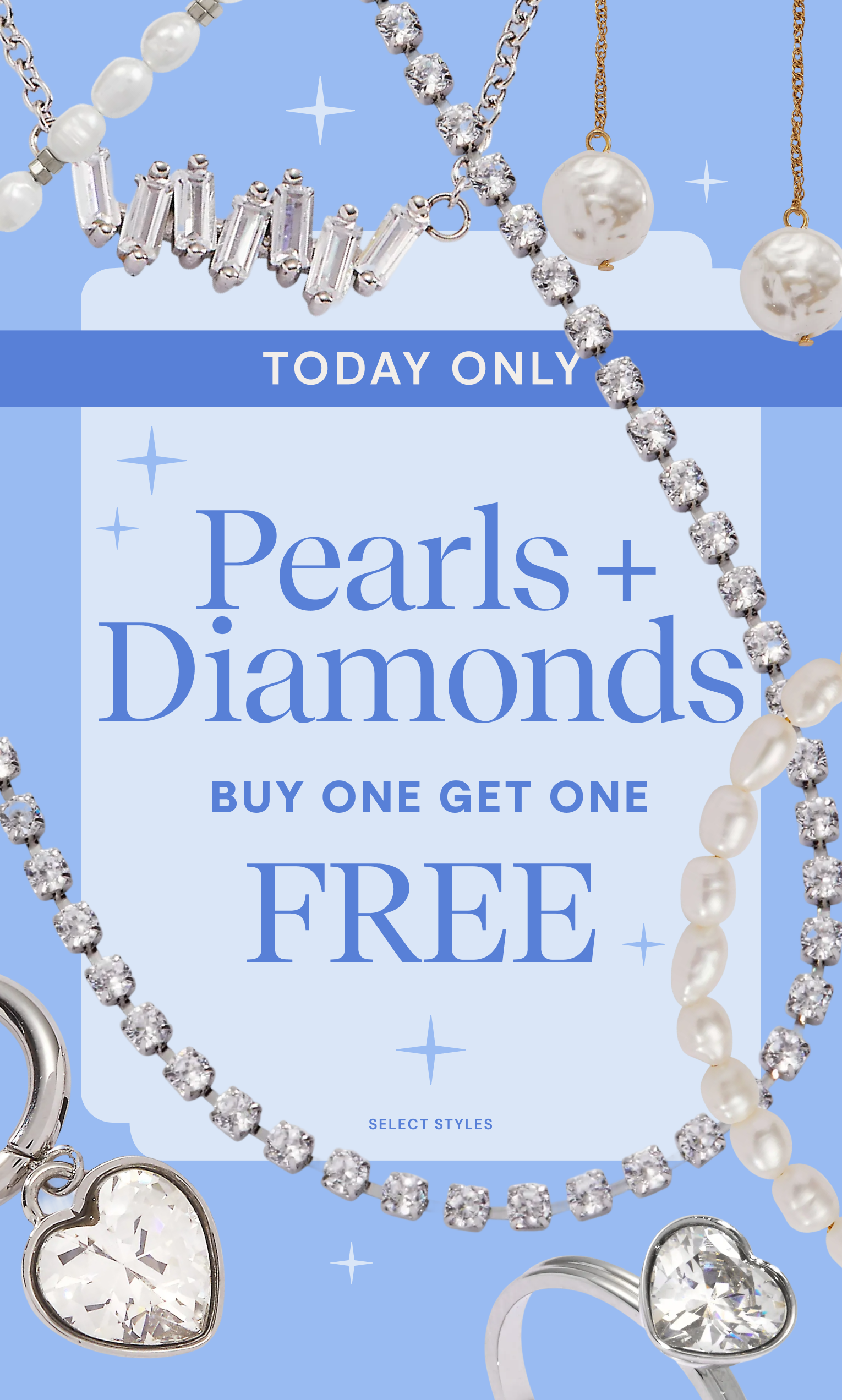 Pearls and Diamonds promotional banner over blue background.