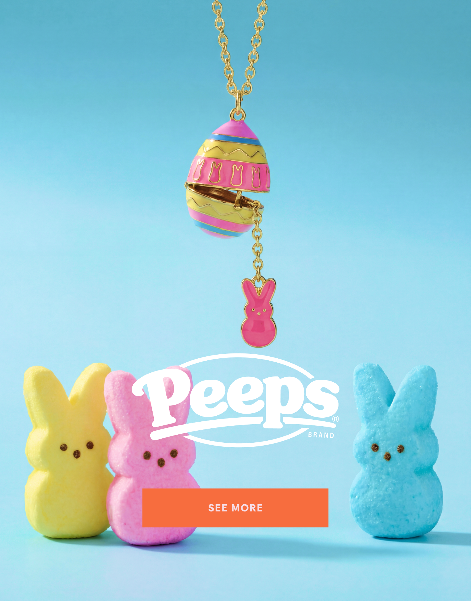 Colorful Peeps candy figures with a necklace on a blue background