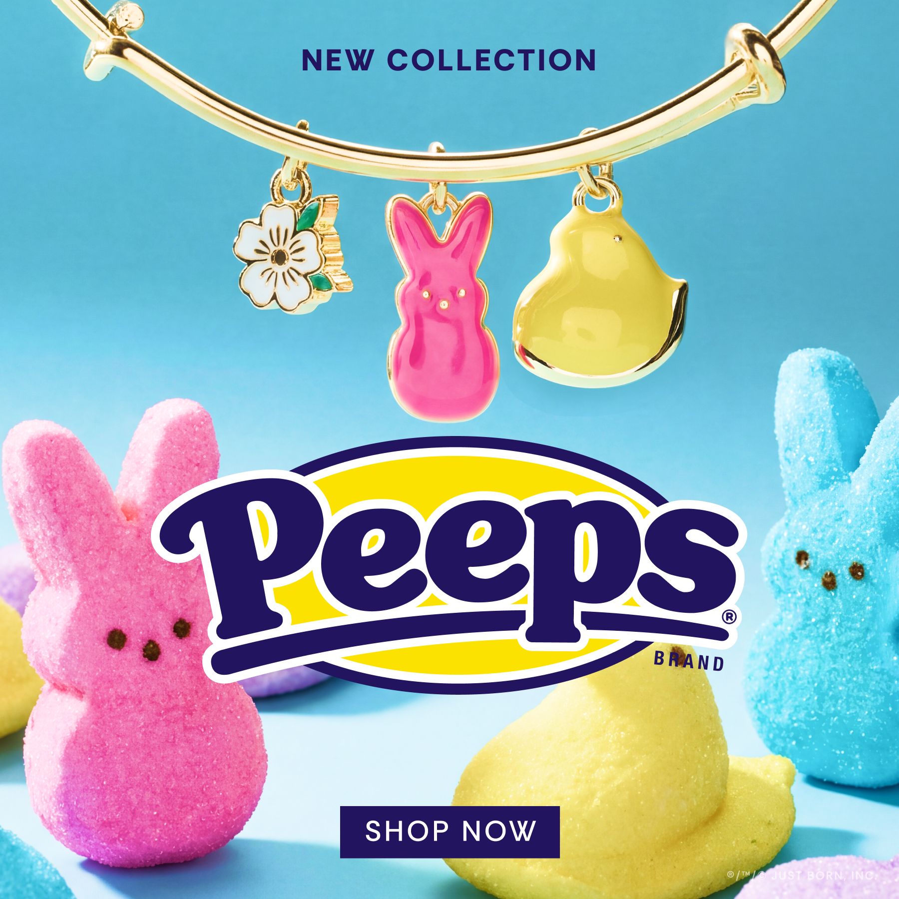 Peeps-themed jewelry collection with colorful charms and 'Peeps' branding on a blue background.