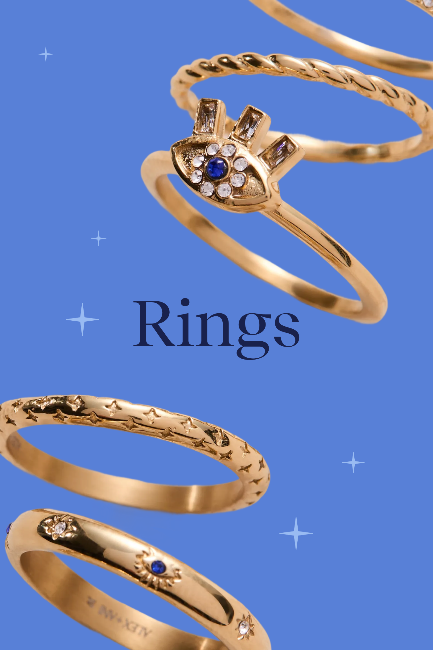 Gold rings with various designs on a blue background
