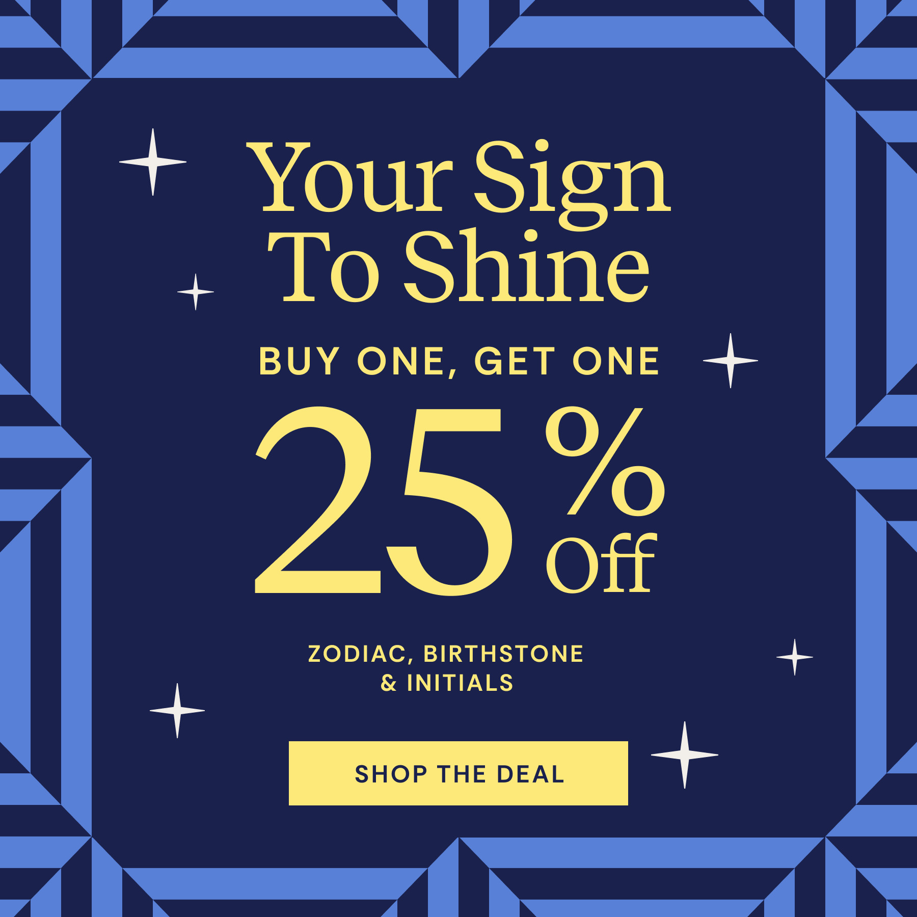 Promotional graphic with blue geometric border and yellow text offering a 25% discount on signs.