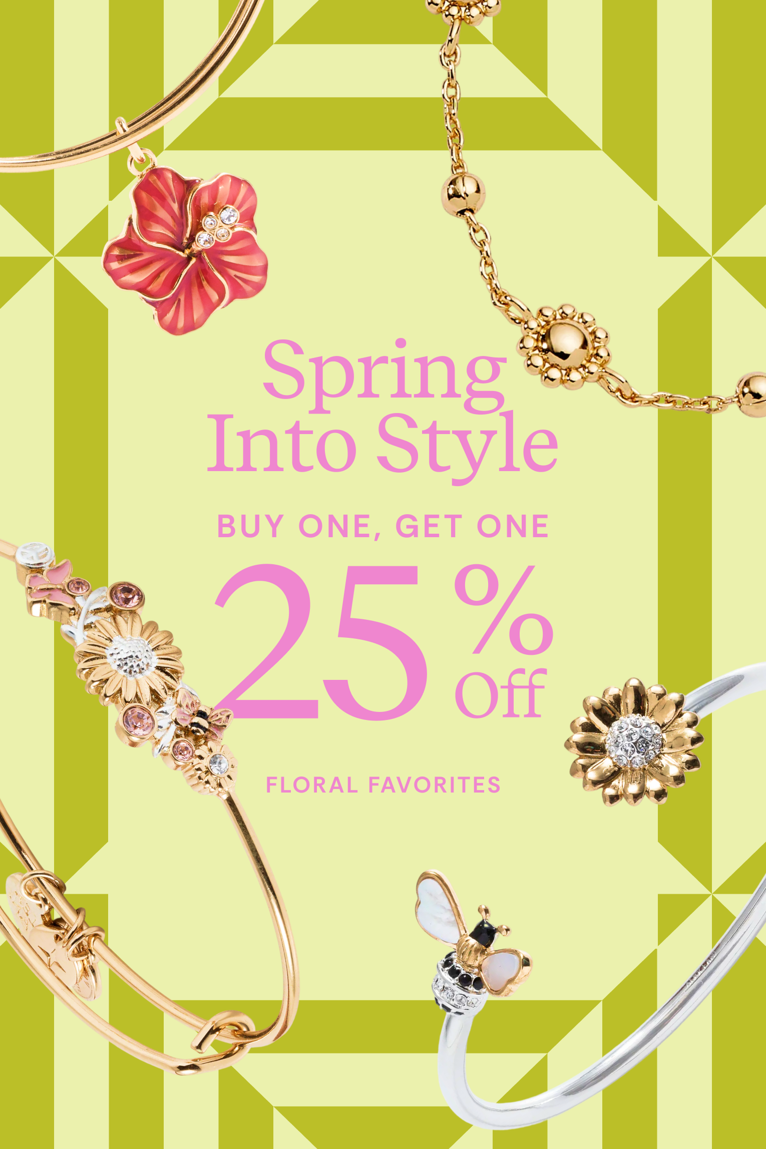 Jewelry advertisement with zodiac-themed necklaces on a blue geometric pattern background.