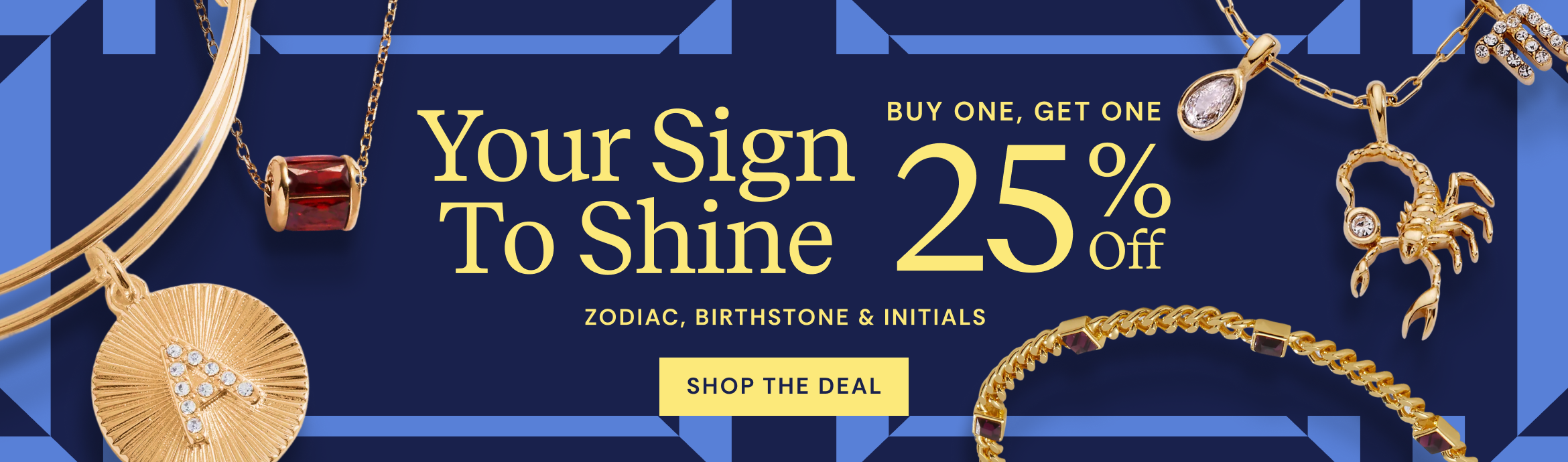 Jewelry promotion with zodiac signs and 'Your Sign to Shine' offer on a blue background.