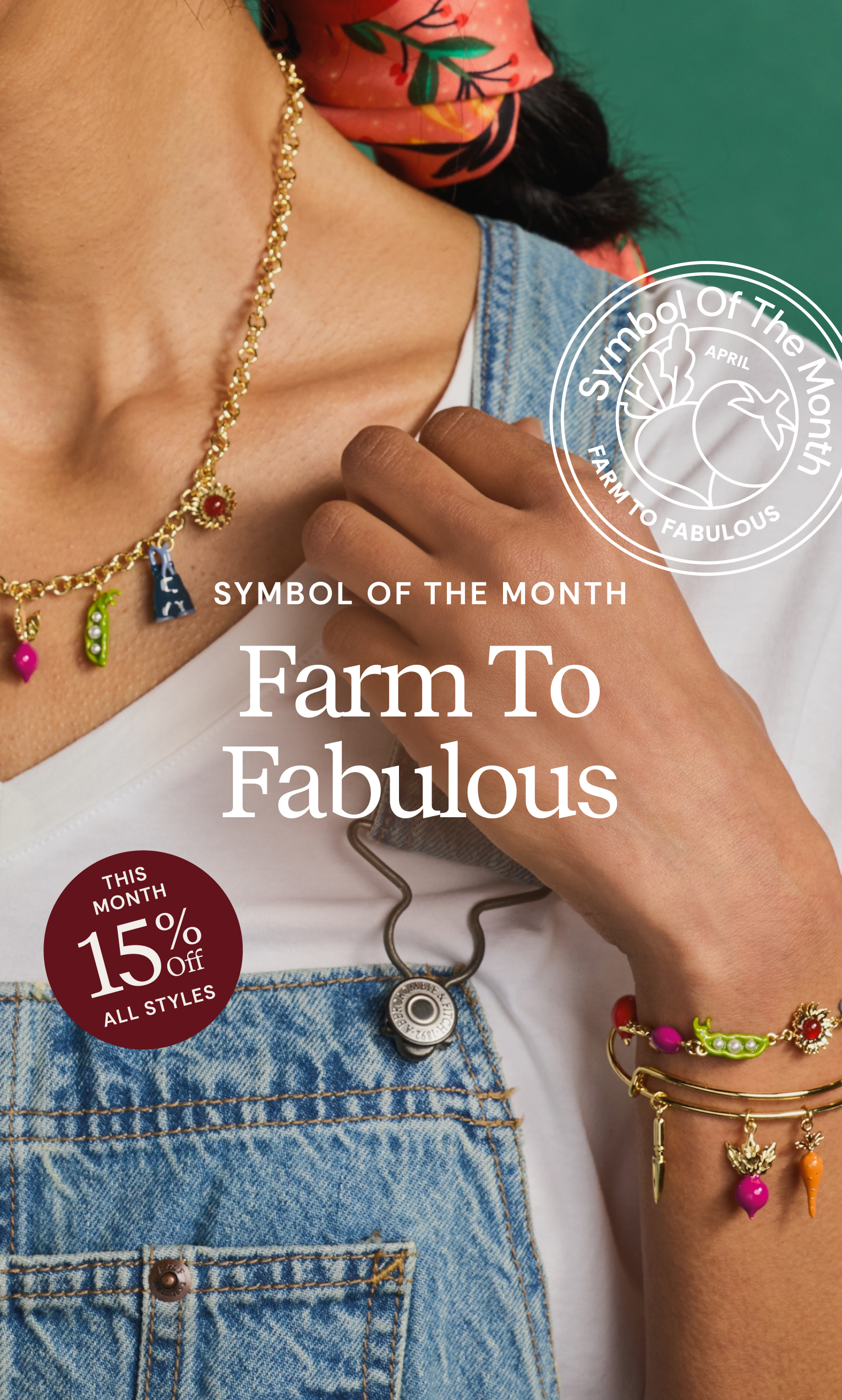 Promotional graphic for 'Farm To Fabulous' with jewelry and denim elements.