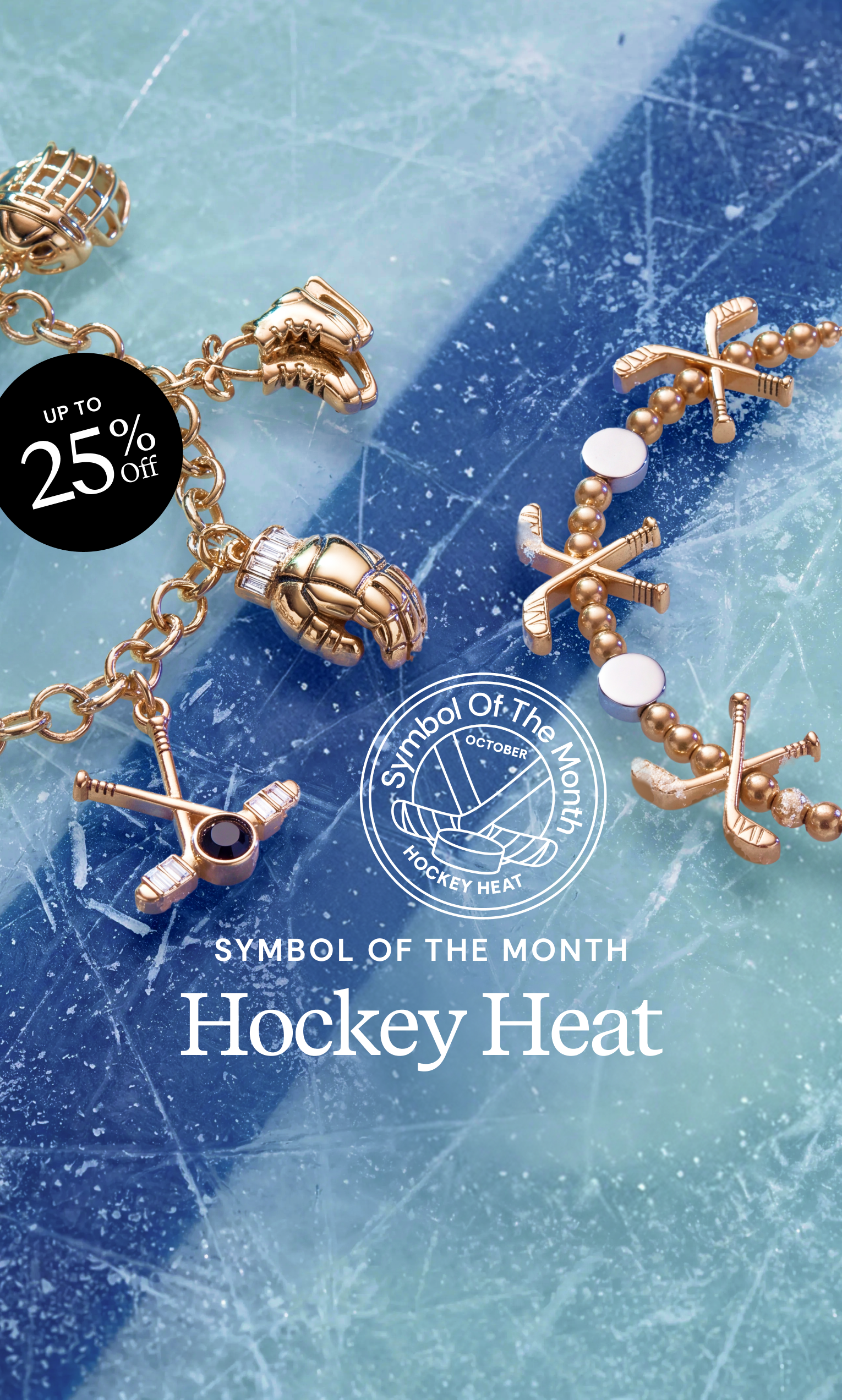 Gold-toned hockey-themed jewelry charms laid out on an ice rink surface, including crossed hockey sticks, a hockey glove, and a hockey head, with promotional text reading 'Hockey Heat' and a circular 'Symbol of the Month' badge.