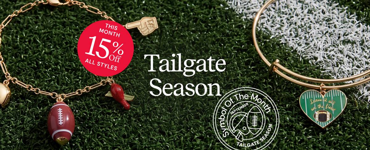 A promotional banner for 'Tailgate Season' featuring gold-toned chain bracelets with football and heart charms on a green turf background, alongside a red '15% OFF' sticker and a 'School of the Month' seal.