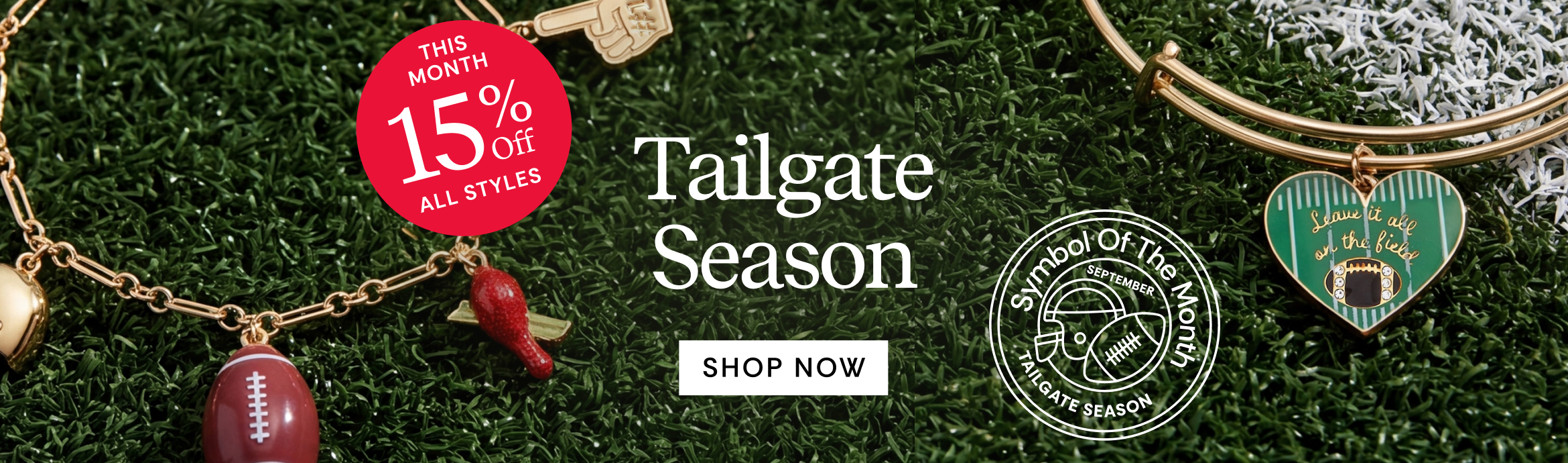 Promotional banner for Tailgate Season featuring gold-tone bracelets and charms laid out on artificial turf, including a football-shaped charm, a red heart charm, a green field charm, and a key. Text includes 'Tailgate Season,' 'SHOP NOW,' a red '15% OFF ALL STYLES' badge, and a circular logo reading 'Spirit of the Mid-Atlantic Tailgate Season.