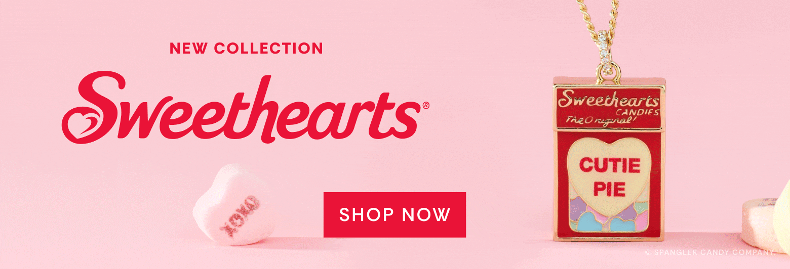 Necklace with heart-shaped charms on a pink background with 'Sweethearts' branding.